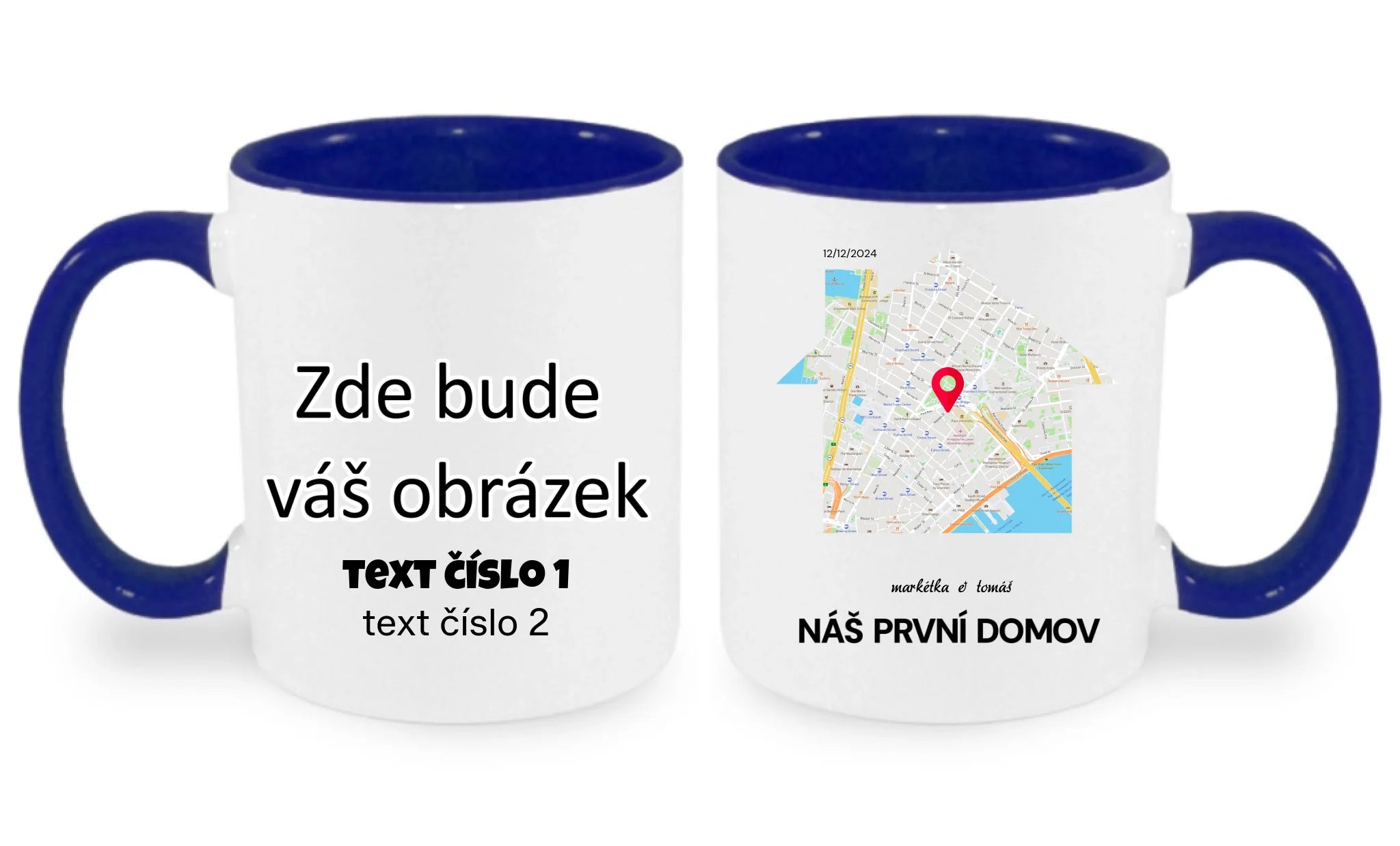 HRNÍČEK s motivem RODINA TADY TO ZAČALO (vyberete tvar mapy, místo, doplníte texty) oboustranný potisk hrníček Bílá modrá 330 ml