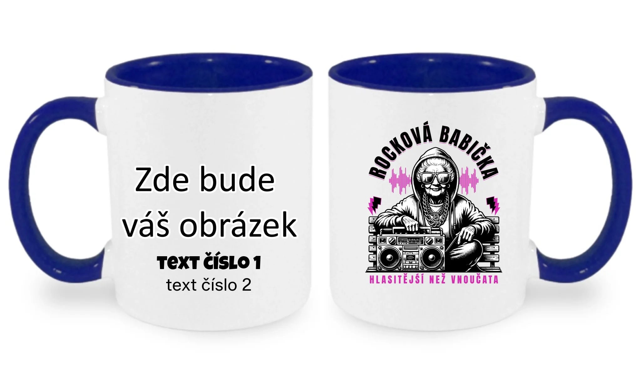 HRNÍČEK s motivem ROCKOVÁ BABIČKA oboustranný potisk hrníček Bílá modrá 330 ml