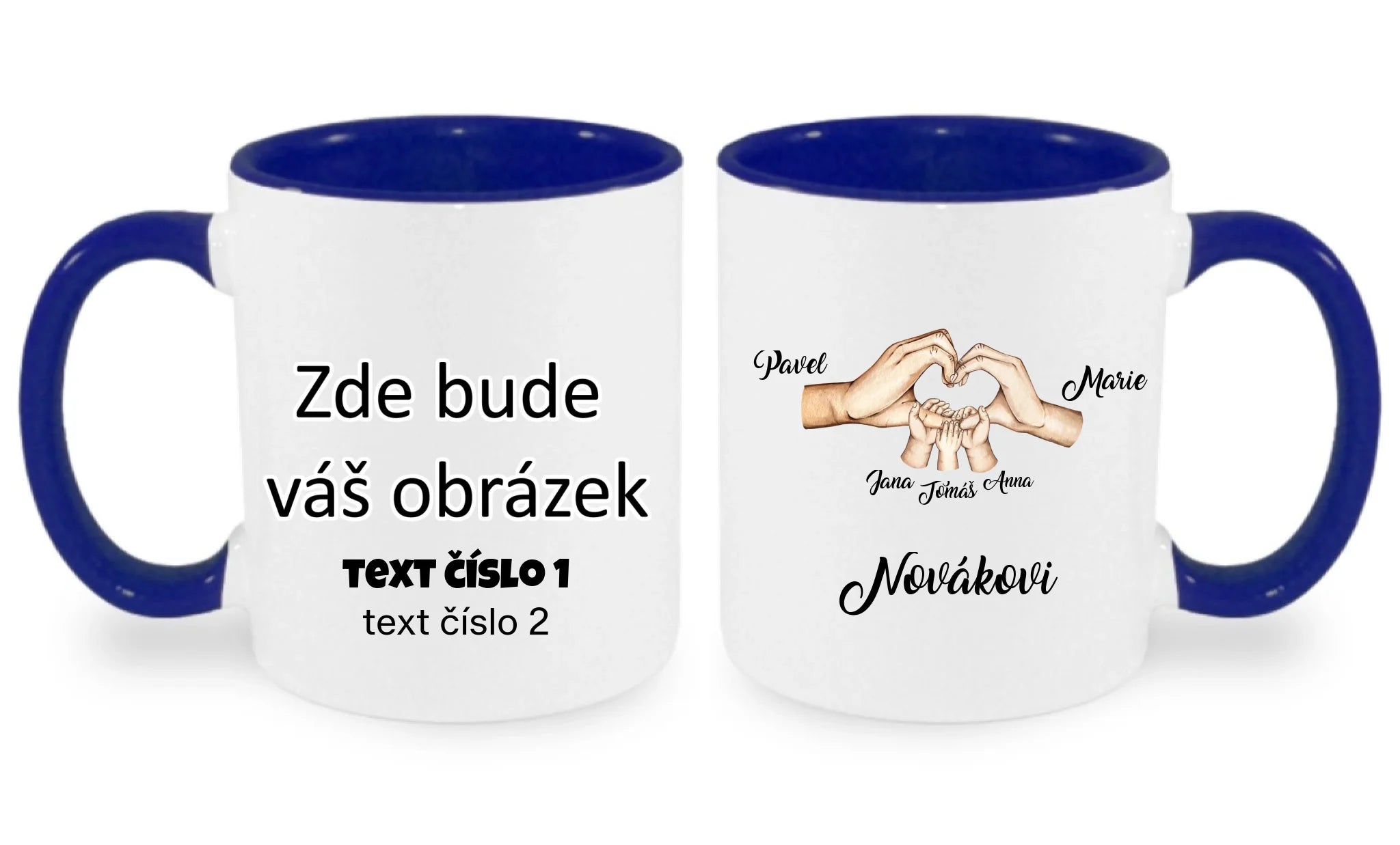 HRNÍČEK s motivem RODINA RUCE (vložíte jména) oboustranný potisk hrníček Bílá modrá 330 ml
