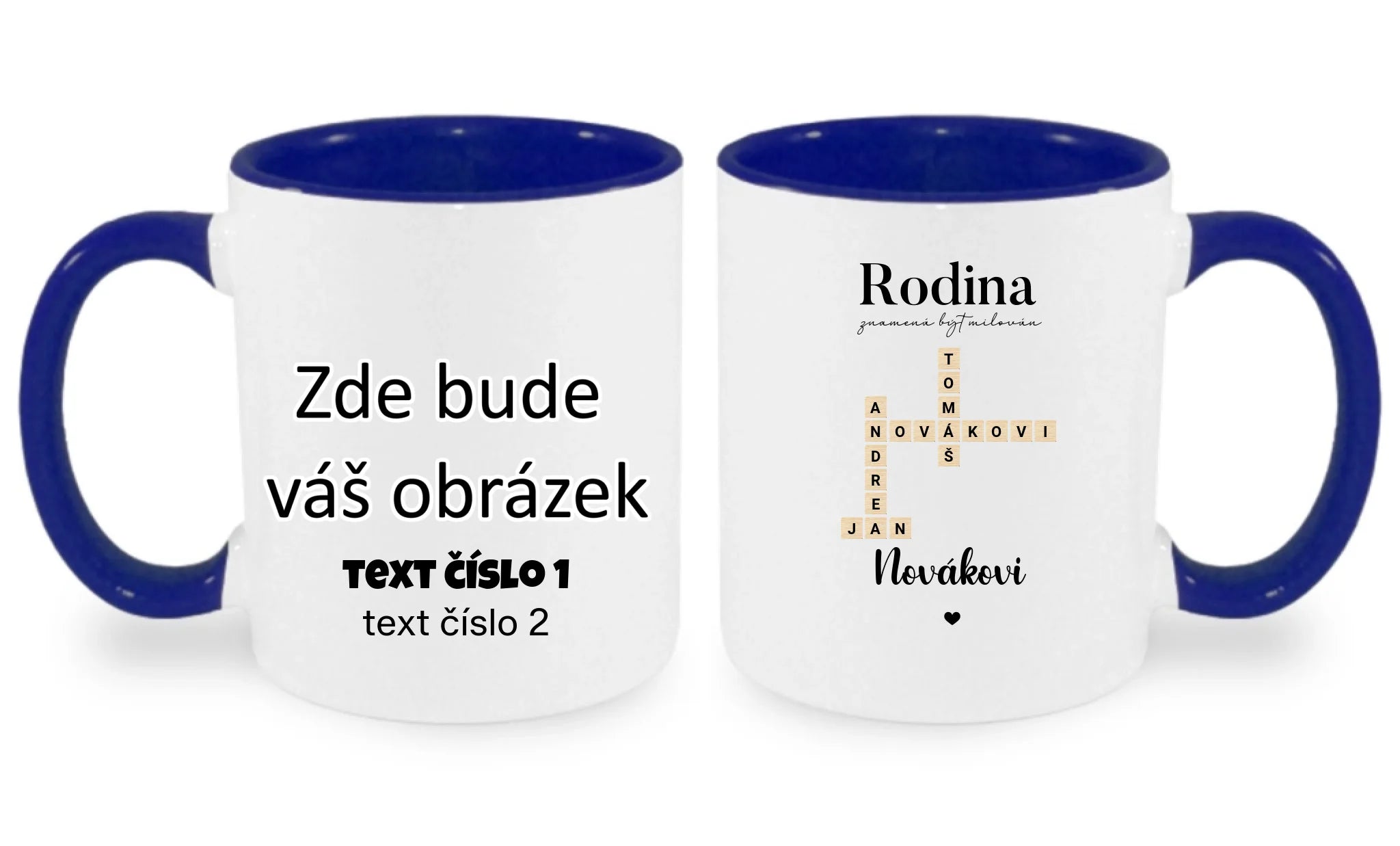 HRNÍČEK s motivem RODINA SCRABLE (vložíte jména, doplníte texty) oboustranný potisk hrníček Bílá modrá 330 ml
