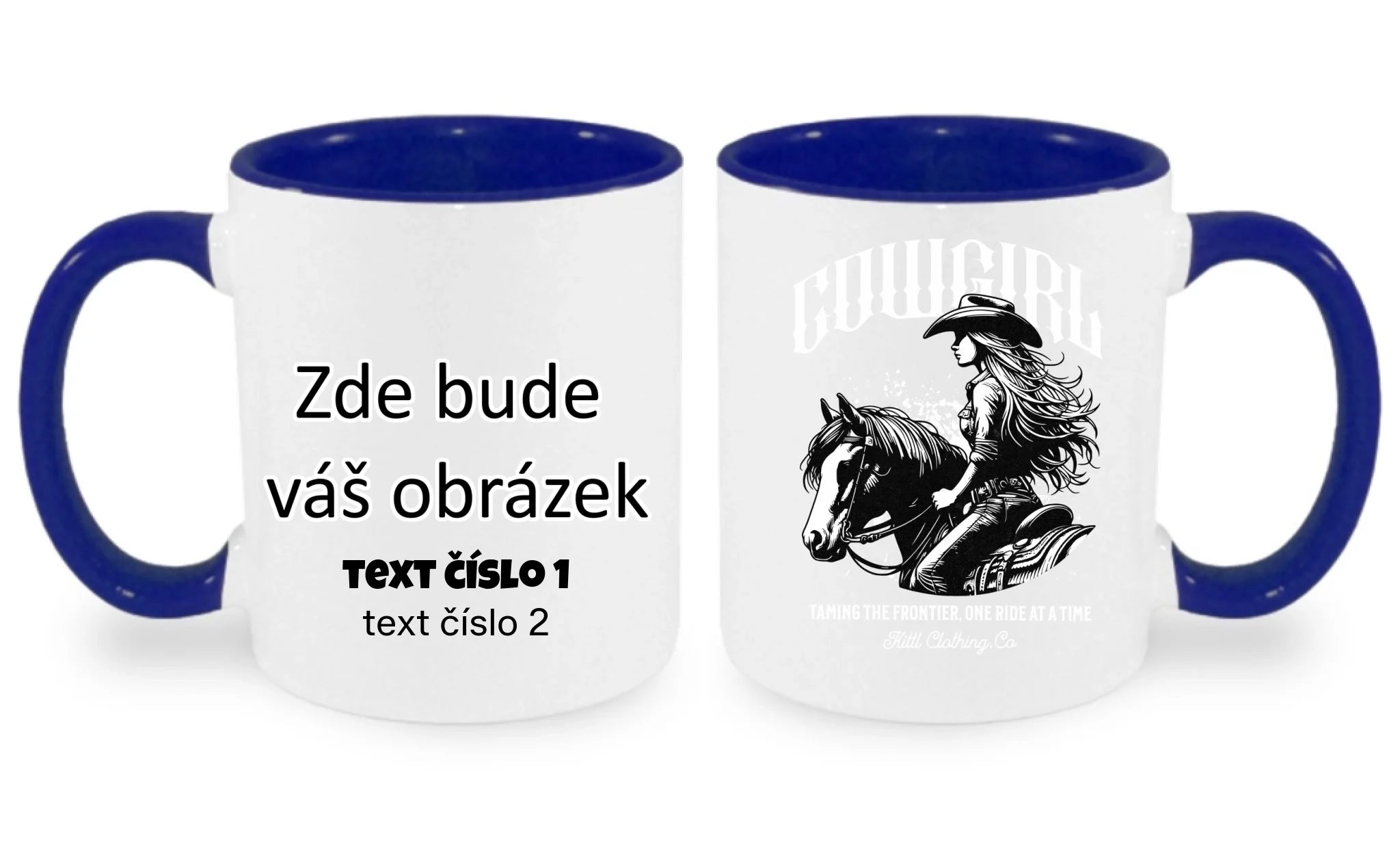 COWGIRL (výběr z 5 motivů) hrníček oboustranný potisk hrníček Bílá modrá 330 ml
