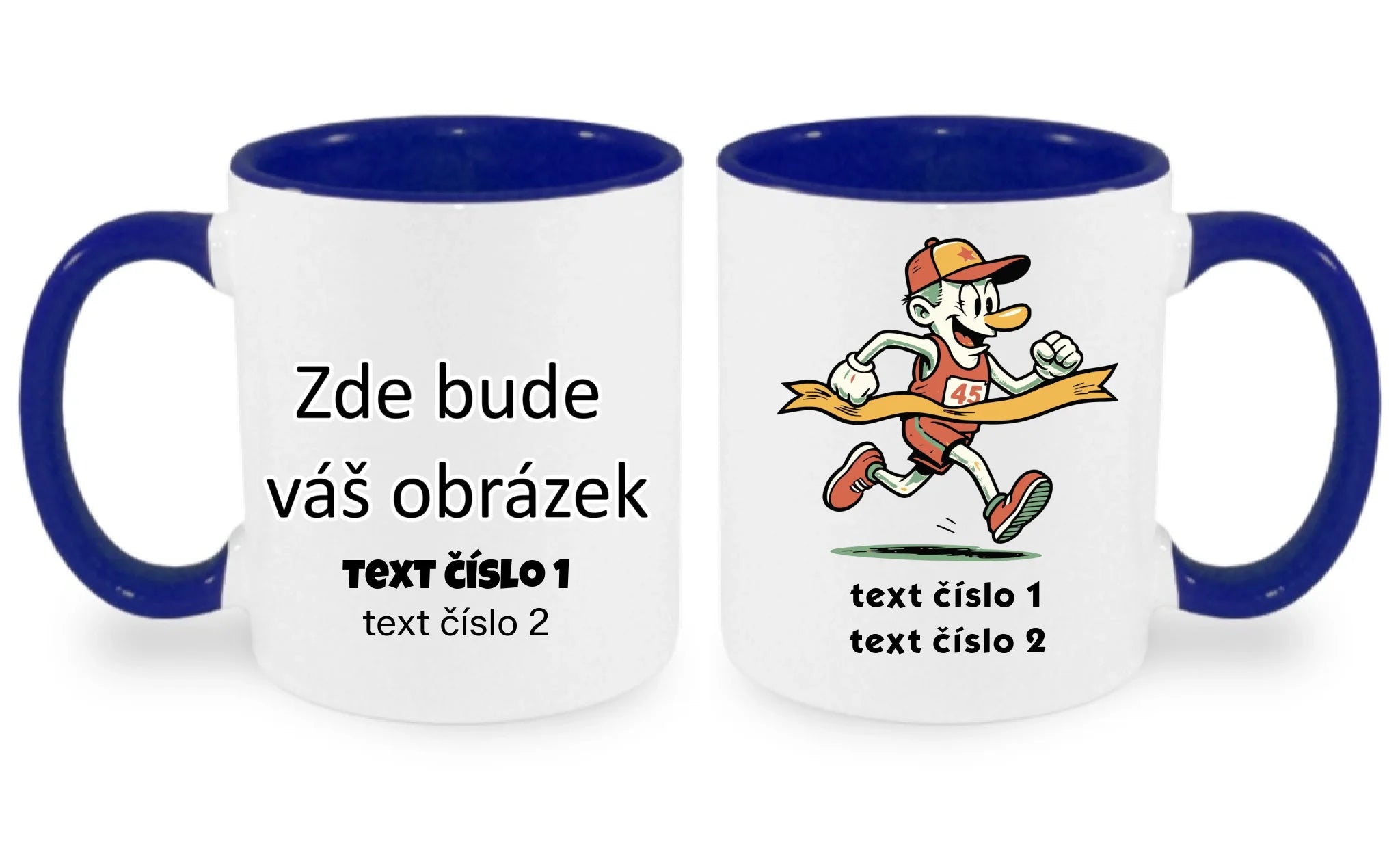 HRNÍČEK s motivem BĚH, KOLO, PLAVÁNÍ (výběr z 25+ obrázků, možnost doplnit vlastní texty) oboustranný potisk hrníček Bílá modrá 330 ml