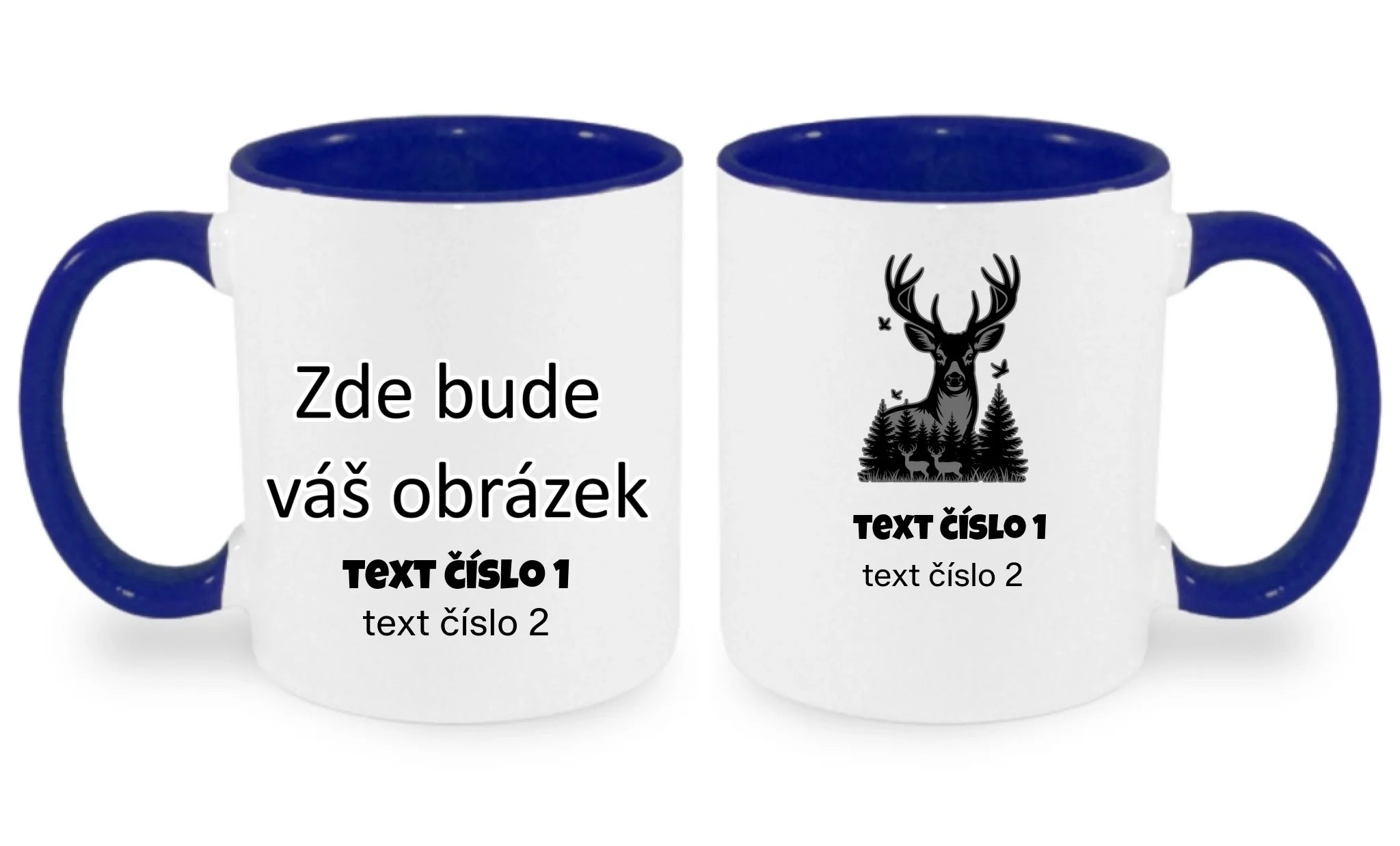myslivost VÝBĚR OBRÁZKU (10+motivů) a MOŽNOST DOPLNIT VLASTNÍ TEXTY hrníček oboustranný potisk hrníček Bílá modrá 330 ml