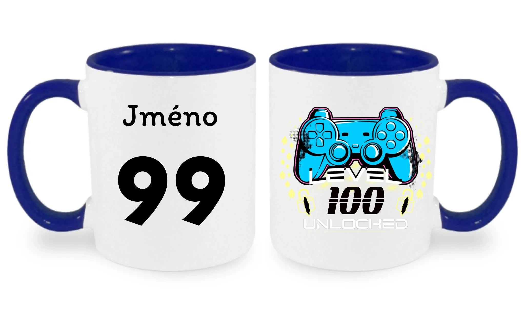 narozeniny LEVEL UNLOCKED hrníček oboustranný potisk hrníček Bílá modrá 330 ml