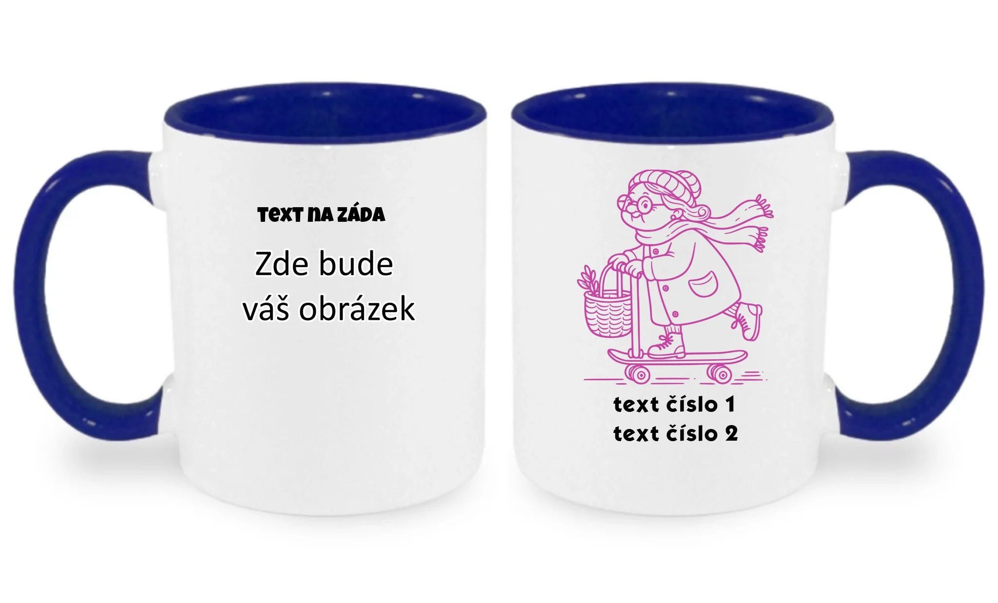 AKČNÍ BABIČKA VÝBĚR OBRÁZKU (10+motivů) a MOŽNOST DOPLNIT VLASTNÍ TEXTY hrníček oboustranný potisk hrníček Bílá modrá 330 ml