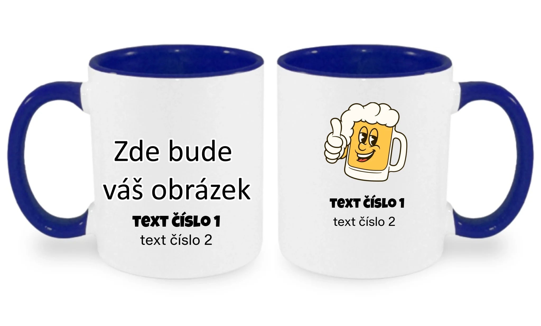HRNÍČEK s motivem PIVO (výběr z 10+ obrázků, možnost doplnit vlastní texty) oboustranný potisk hrníček Bílá modrá 330 ml