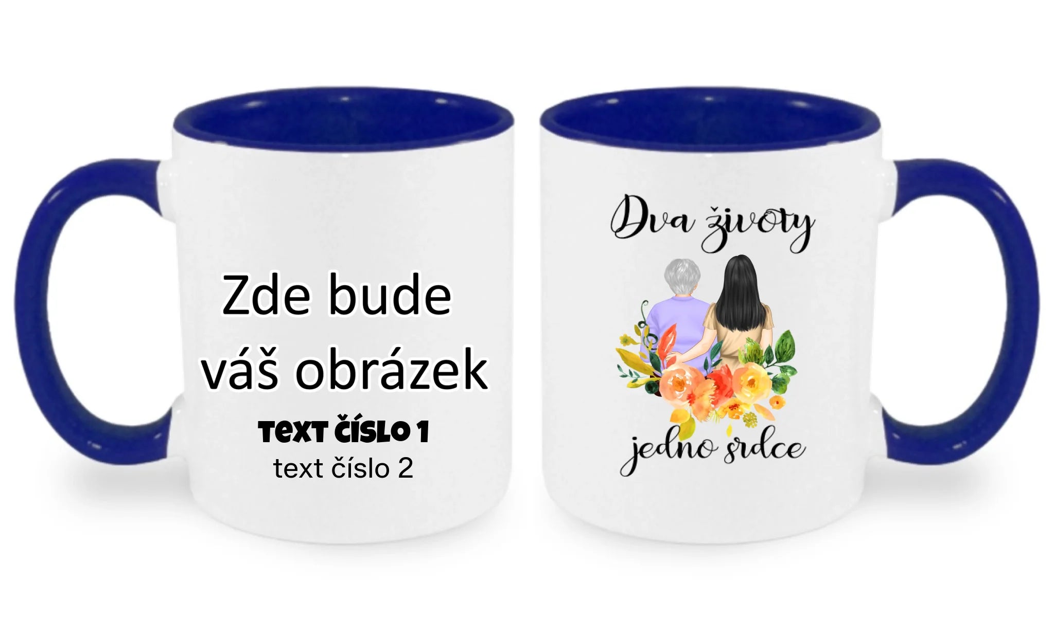 HRNÍČEK s motivem MÁMA A DCERA (vyberete nebo vložíte text) oboustranný potisk hrníček Bílá modrá 330 ml