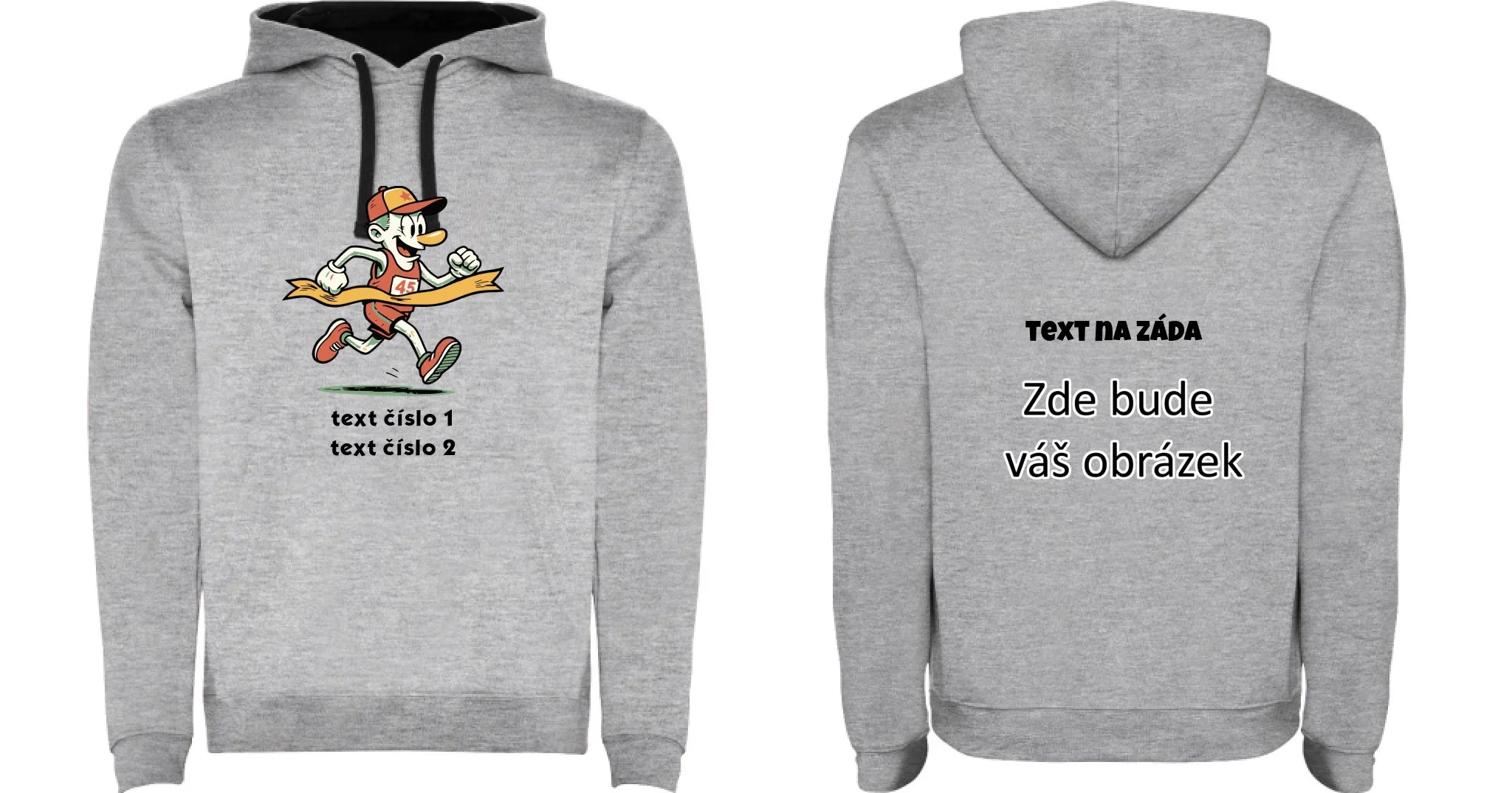 BĚH KOLO PLAVÁNÍ VÝBĚR OBRÁZKU (25+motivů) a MOŽNOST DOPLNIT VLASTNÍ TEXTY dětská mikina s kapucí oboustranný potisk dětská mikina URBAN Melír černá