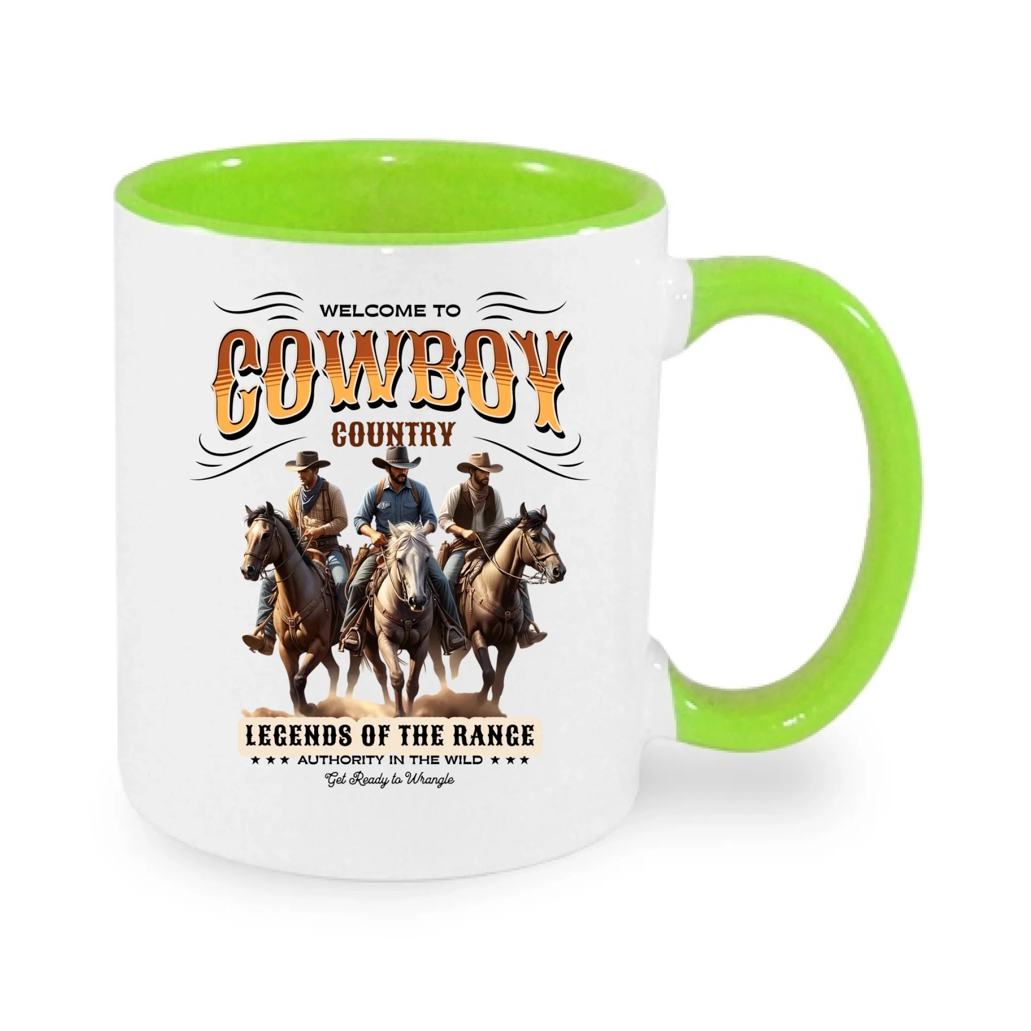 HRNÍČEK s motivem COWBOY (2+ motivy) potisk jen dopředu hrníček Bílá zelená 330 ml