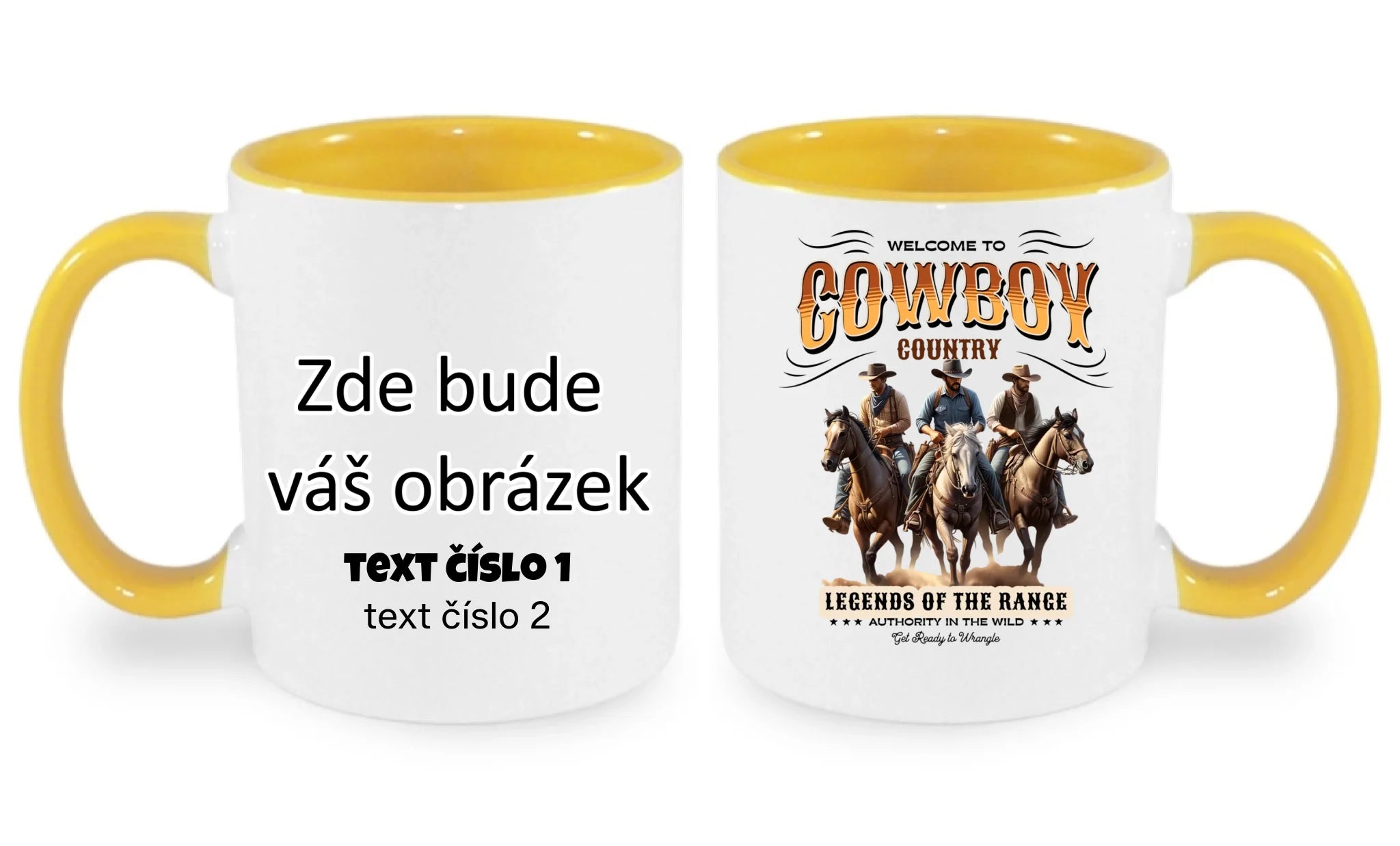 COWBOY 2 MOTIVY hrníček oboustranný potisk hrníček Bílá žlutá 330 ml