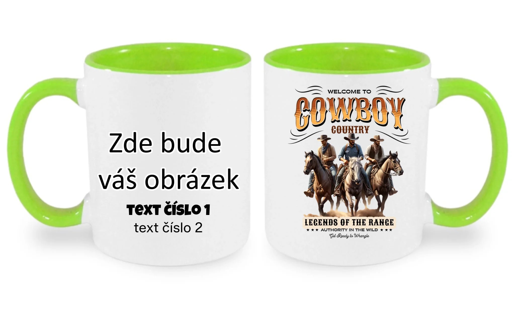 HRNÍČEK s motivem COWBOY (2+ motivy) oboustranný potisk hrníček Bílá zelená 330 ml