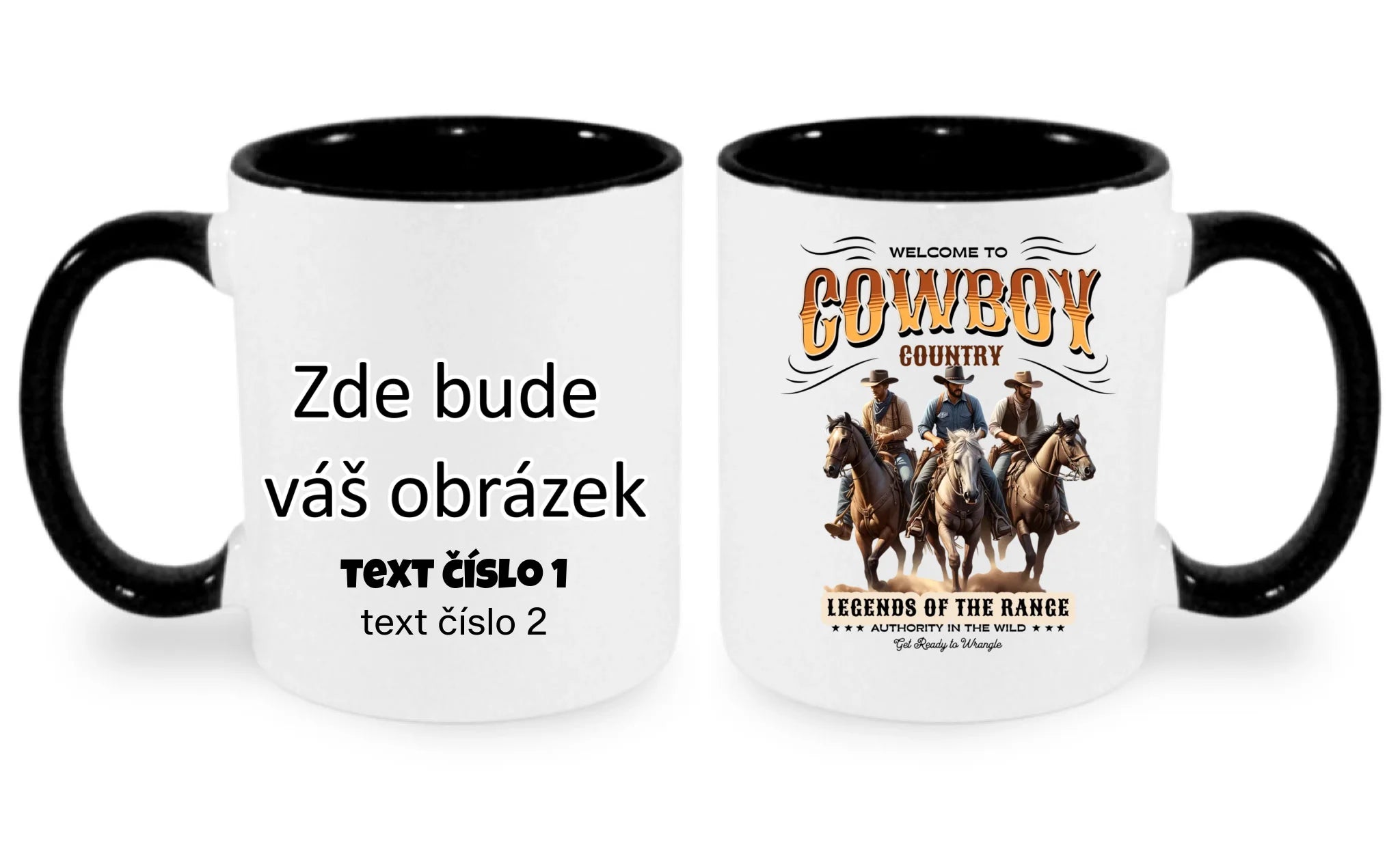 HRNÍČEK s motivem COWBOY (2+ motivy) oboustranný potisk hrníček Bílá černá 330 ml
