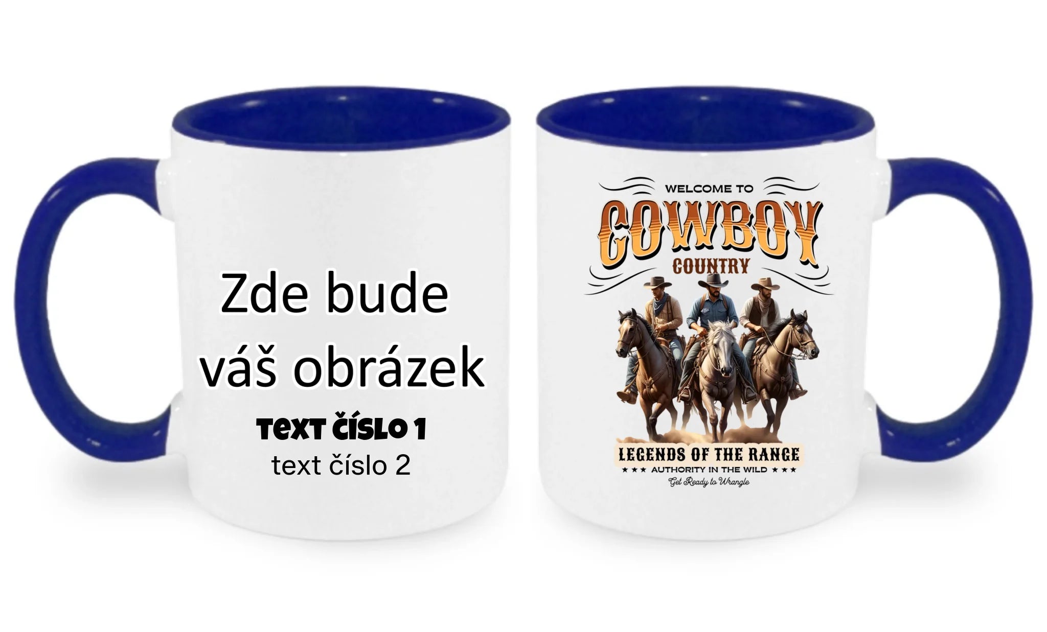 COWBOY 2 MOTIVY hrníček oboustranný potisk hrníček Bílá modrá 330 ml