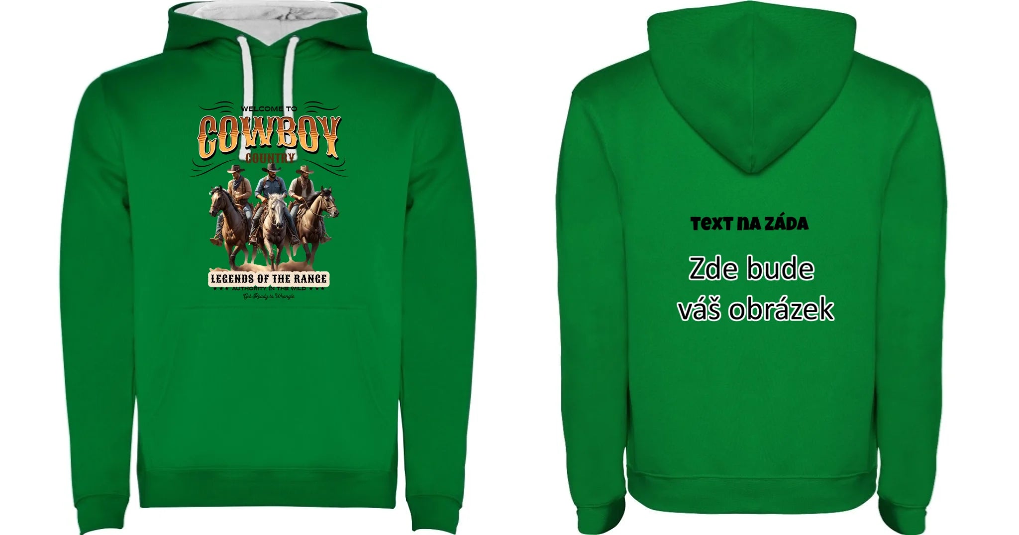 COWBOY 2 MOTIVY dětská mikina s kapucí oboustranný potisk dětská mikina URBAN Sytě zelená bílá