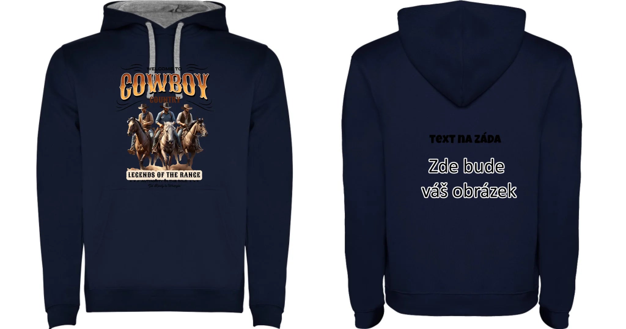 COWBOY 2 MOTIVY dětská mikina s kapucí oboustranný potisk dětská mikina URBAN Námořnická modrá melír