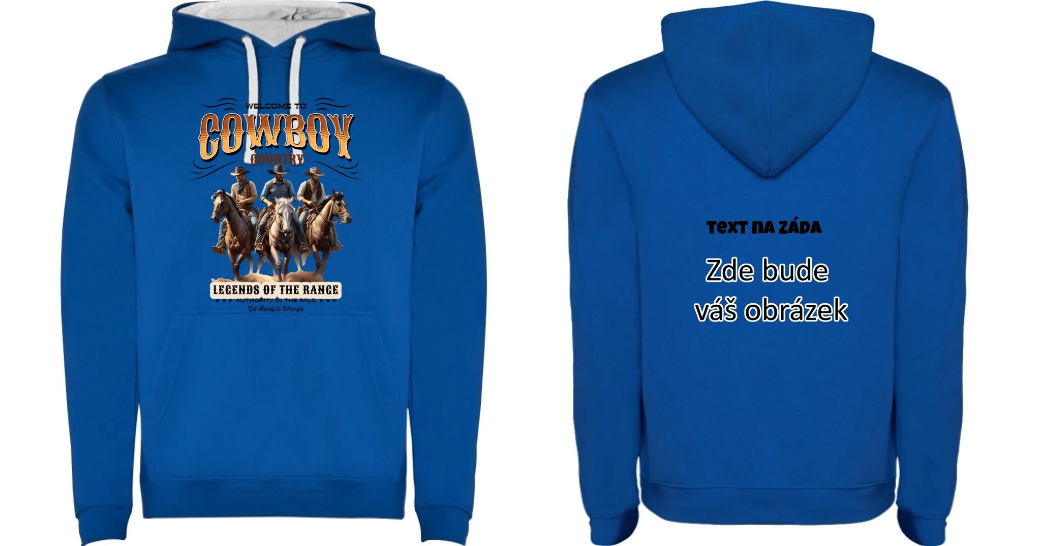 COWBOY 2 MOTIVY pánská mikina s kapucí oboustranný potisk pánská mikina URBAN Modrá bílá