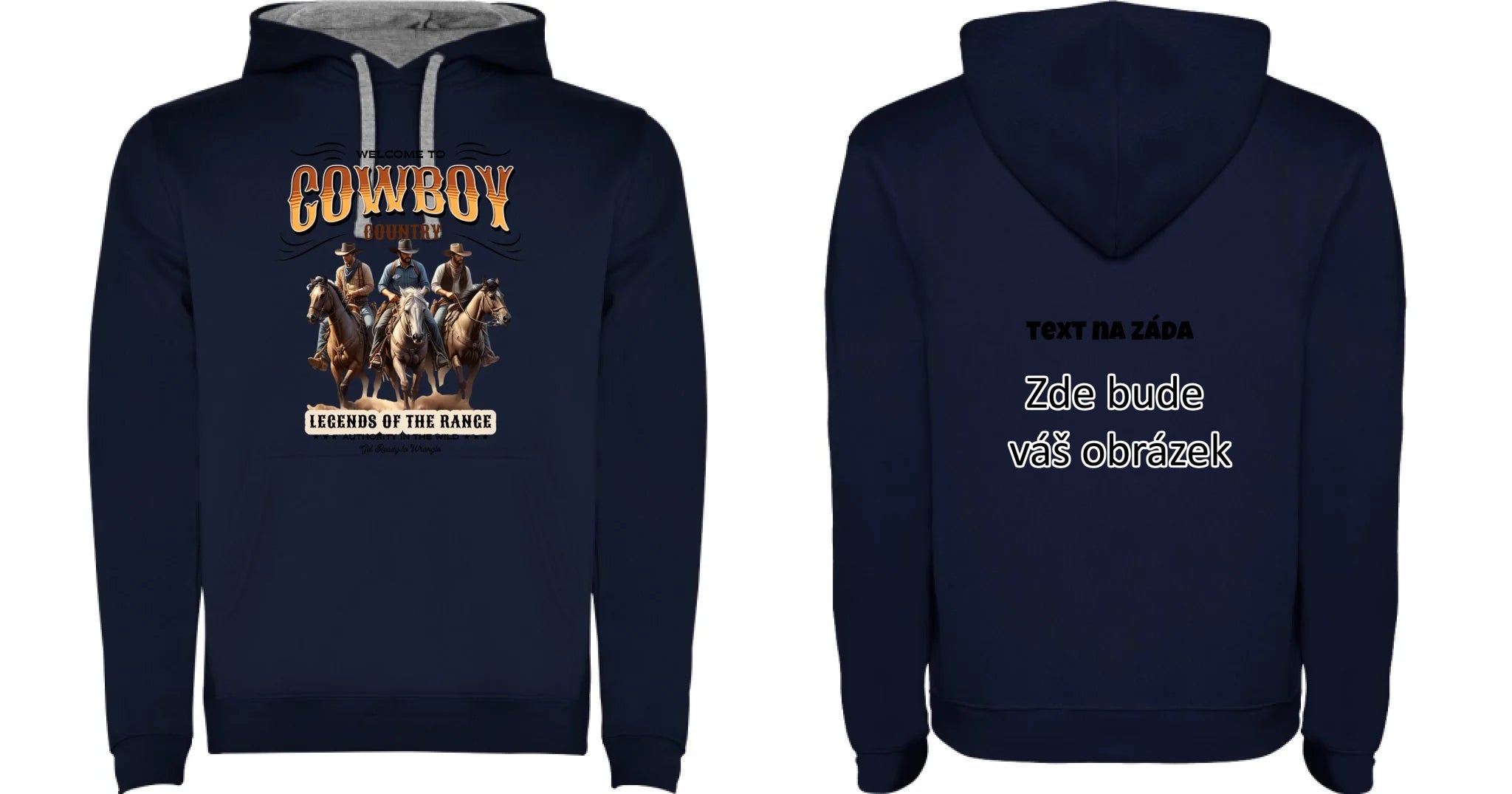 COWBOY 2 MOTIVY pánská mikina s kapucí oboustranný potisk pánská mikina URBAN Námořnická modrá melír