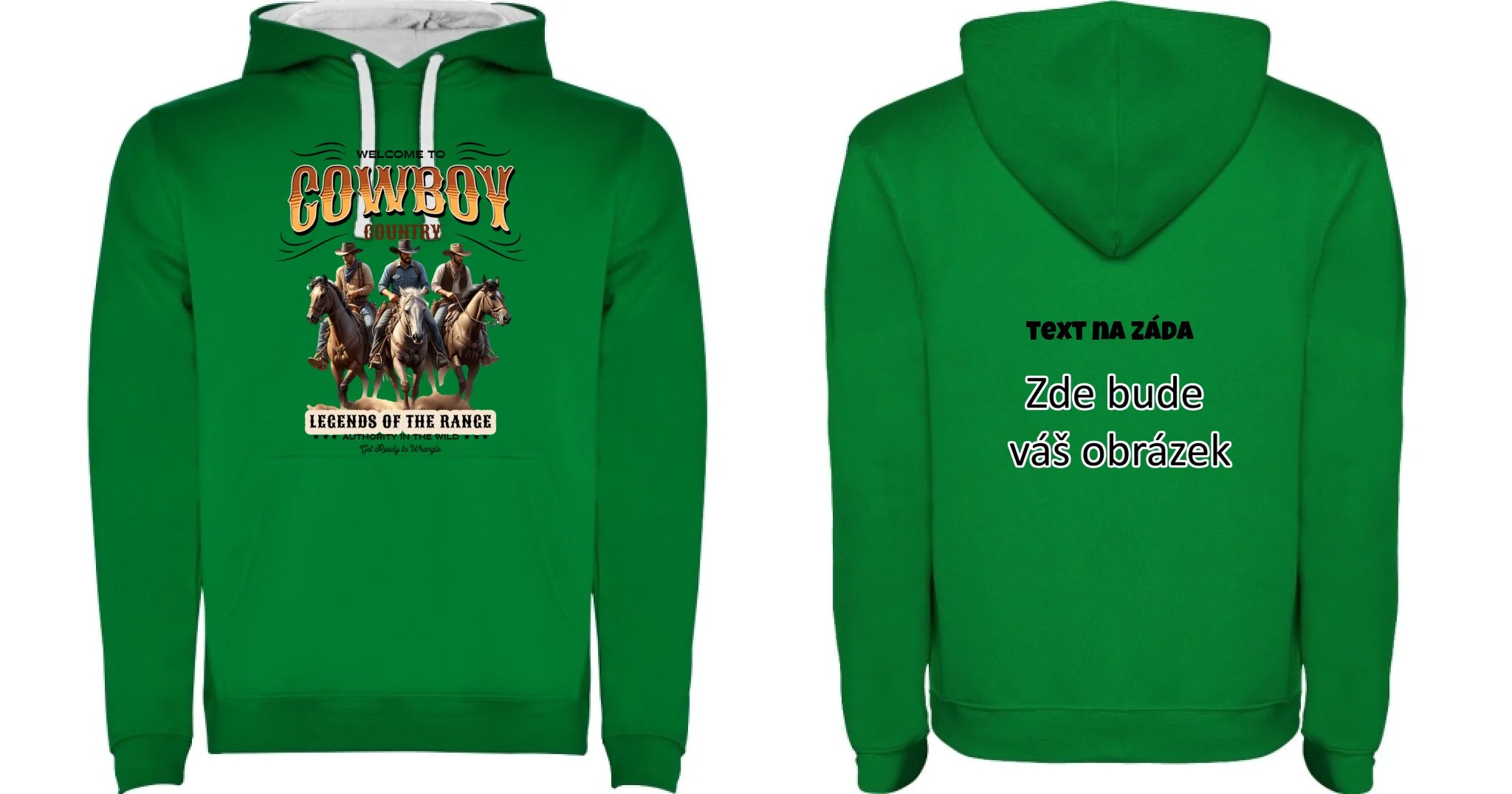 COWBOY 2 MOTIVY pánská mikina s kapucí oboustranný potisk pánská mikina URBAN Sytě zelená bílá