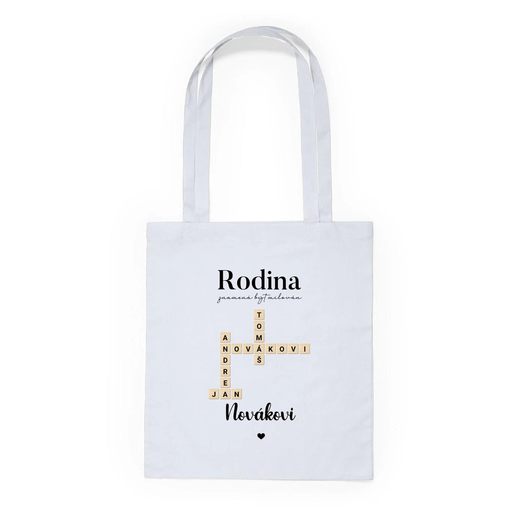BATOH nebo TAŠKA s motivem RODINA SCRABLE (vložíte jména, doplníte texty) Plátěná taška KNOLL bílá 36x40