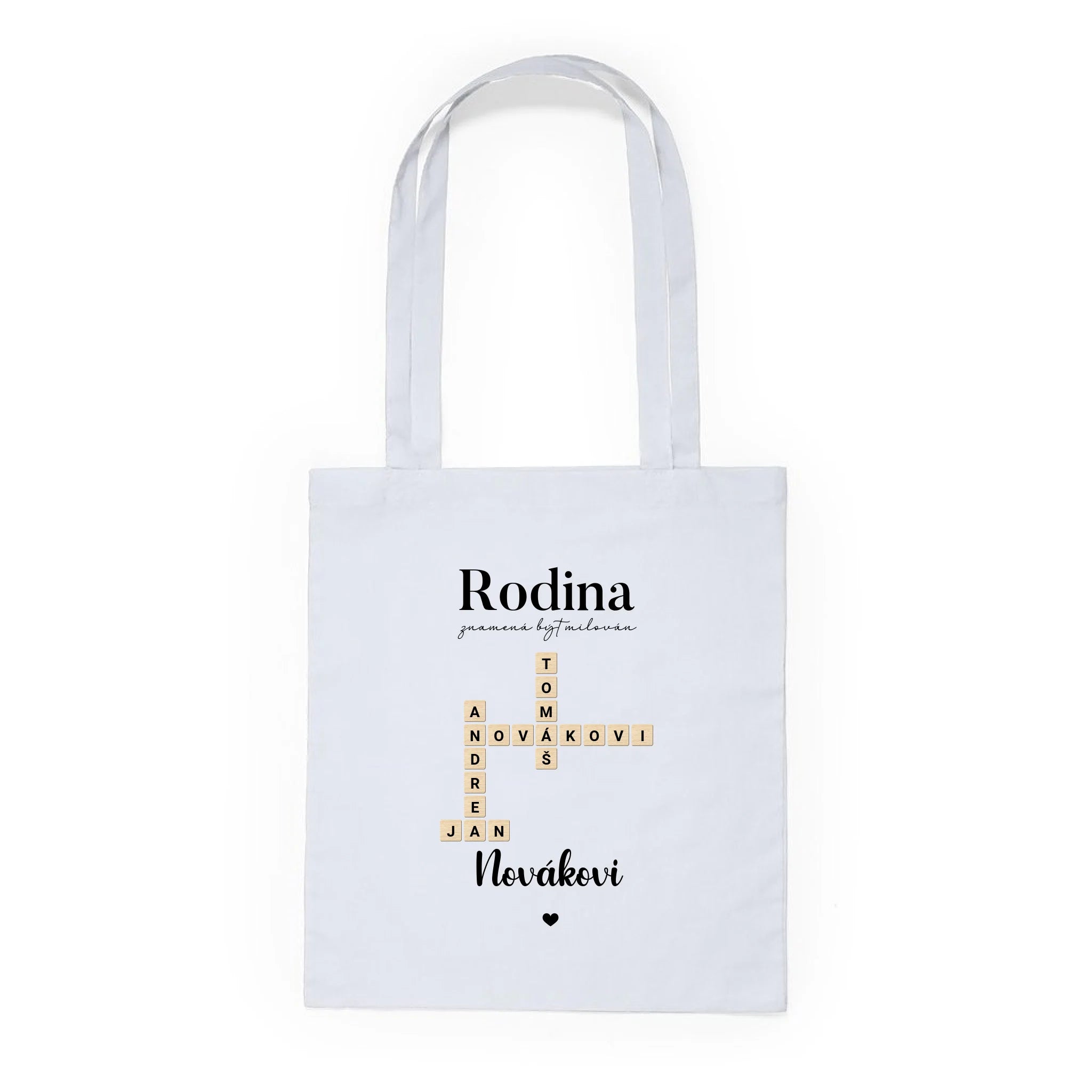 BATOH nebo TAŠKA s motivem RODINA SCRABLE (vložíte jména, doplníte texty) Plátěná taška KNOLL bílá 36x40