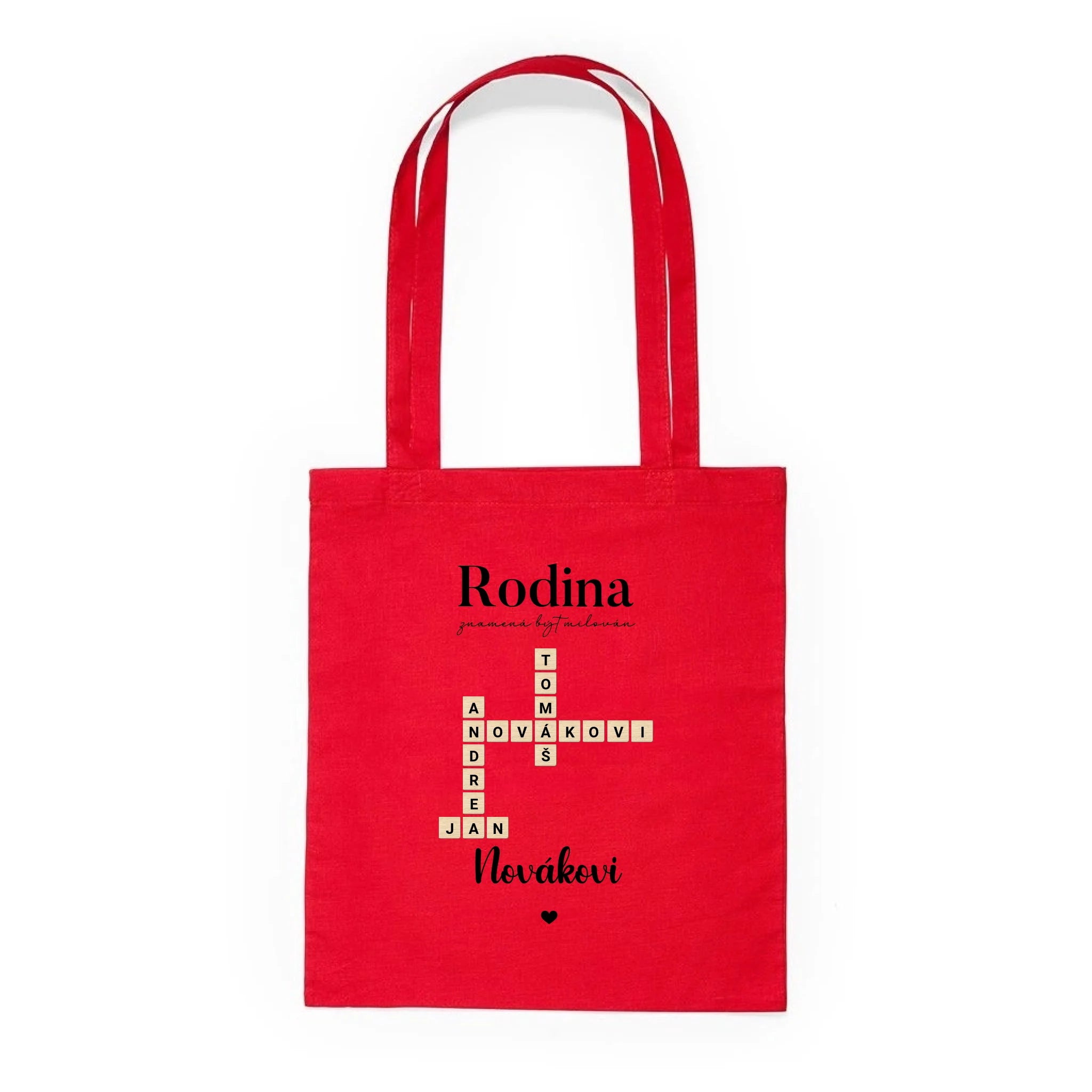 BATOH nebo TAŠKA s motivem RODINA SCRABLE (vložíte jména, doplníte texty) Plátěná taška KNOLL červená 36x40