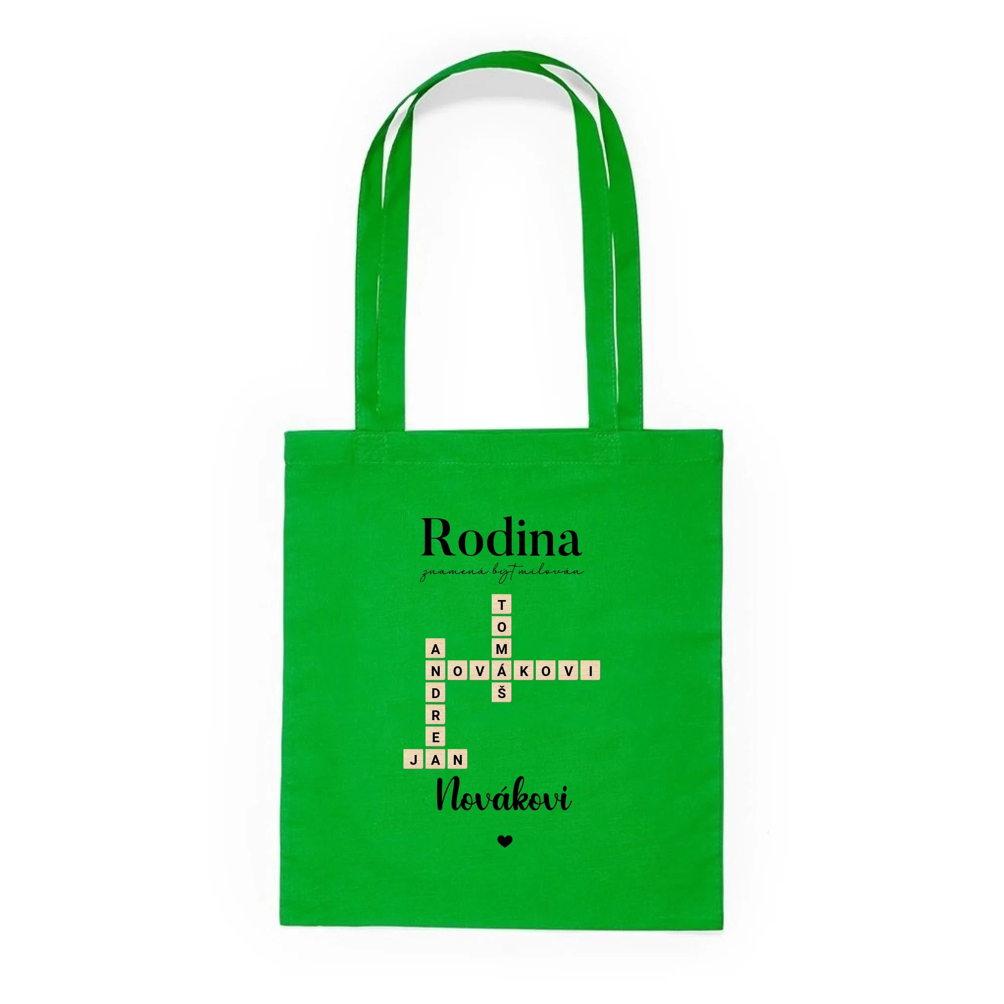 BATOH nebo TAŠKA s motivem RODINA SCRABLE (vložíte jména, doplníte texty) Plátěná taška KNOLL zelená 36x40