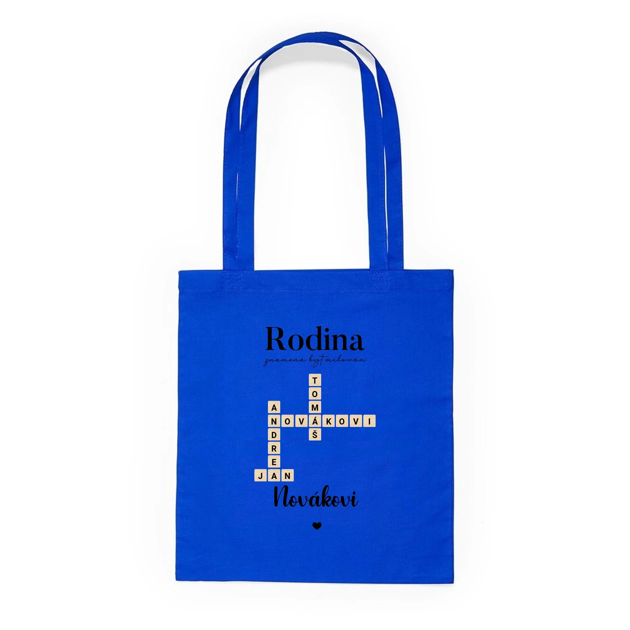 BATOH nebo TAŠKA s motivem RODINA SCRABLE (vložíte jména, doplníte texty) Plátěná taška KNOLL modrá 36x40