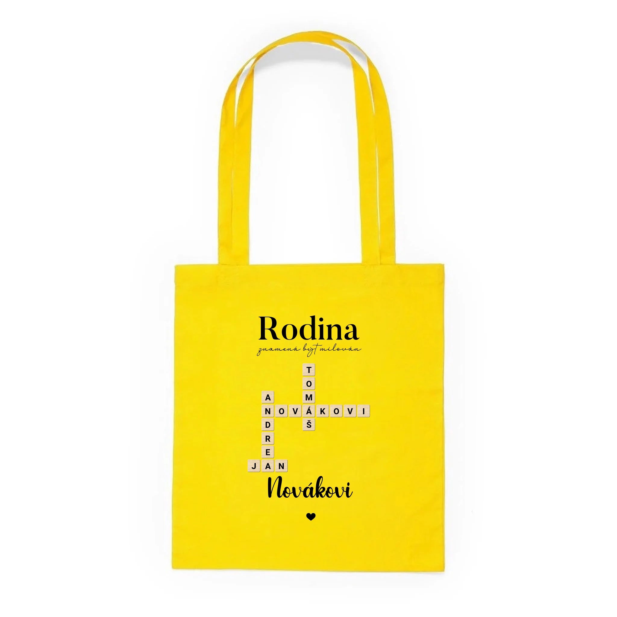 BATOH nebo TAŠKA s motivem RODINA SCRABLE (vložíte jména, doplníte texty) Plátěná taška KNOLL žlutá 36x40