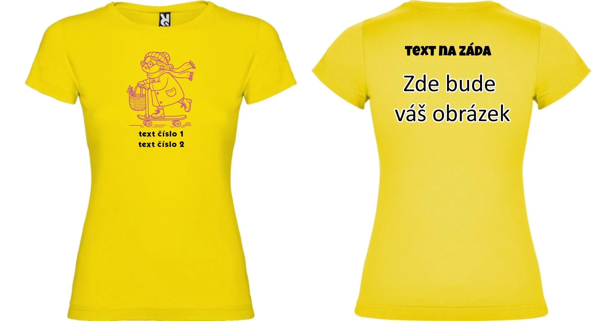 AKČNÍ BABIČKA VÝBĚR OBRÁZKU (10+motivů) a MOŽNOST DOPLNIT VLASTNÍ TEXTY dámské tričko oboustranný potisk dámské jamaica Žlutá