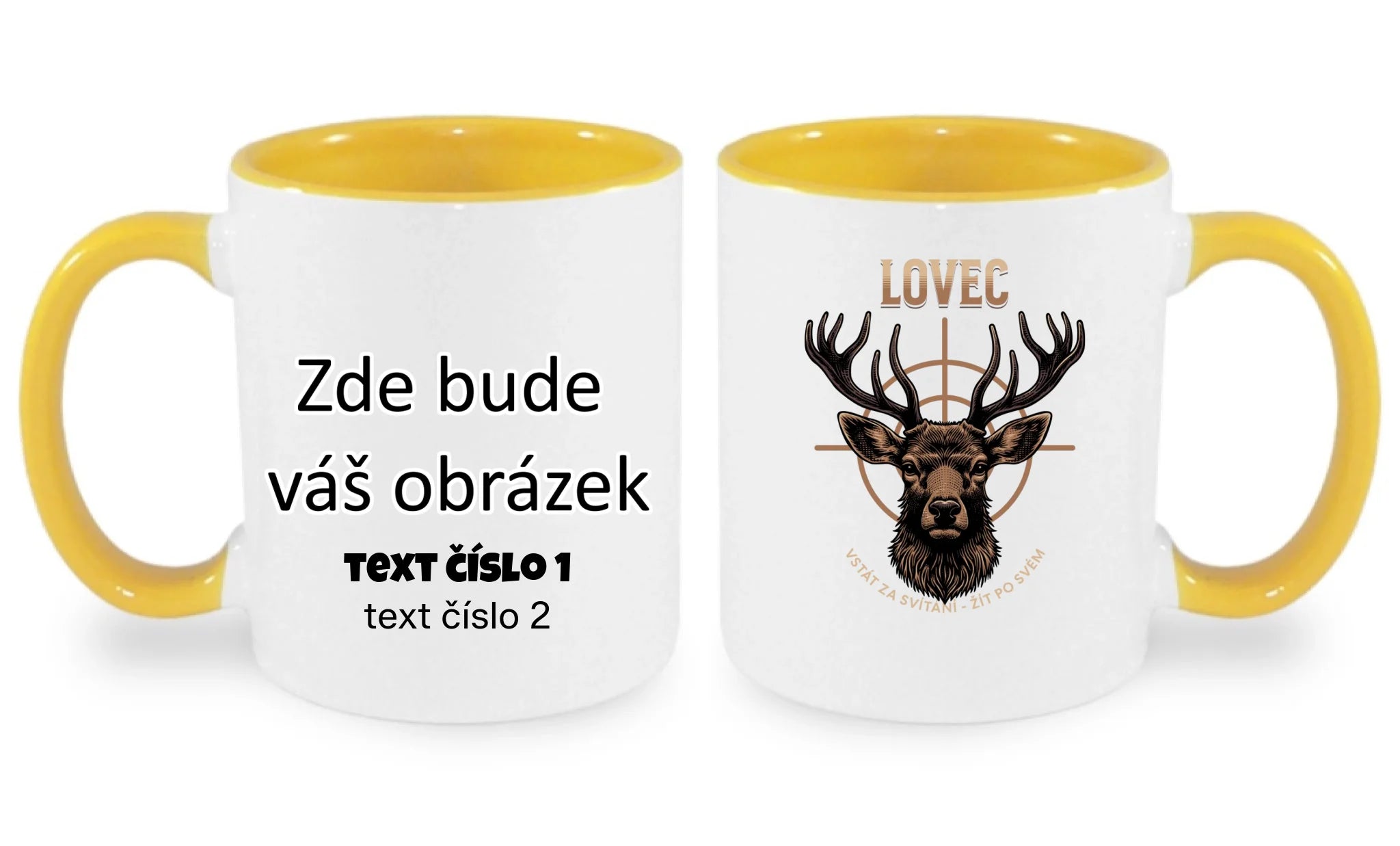 LOVEC (výběr z 6 motivů) hrníček oboustranný potisk hrníček Bílá žlutá 330 ml