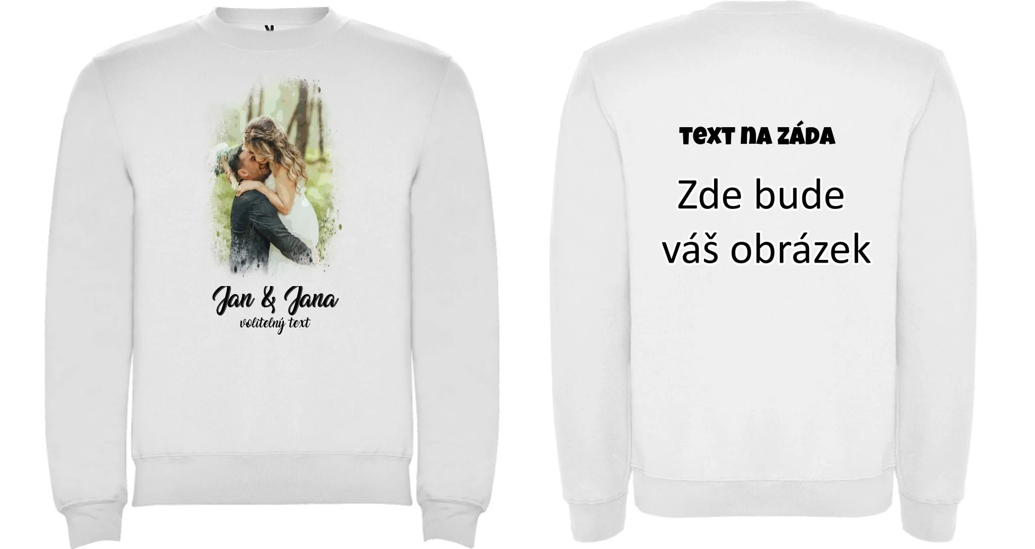 SVATEBNÍ FOTO - VLOŽTE FOTO A DOPLŇTE TEXTY unisex mikina bez kapuce oboustranný potisk unisex mikina clasica Bílá