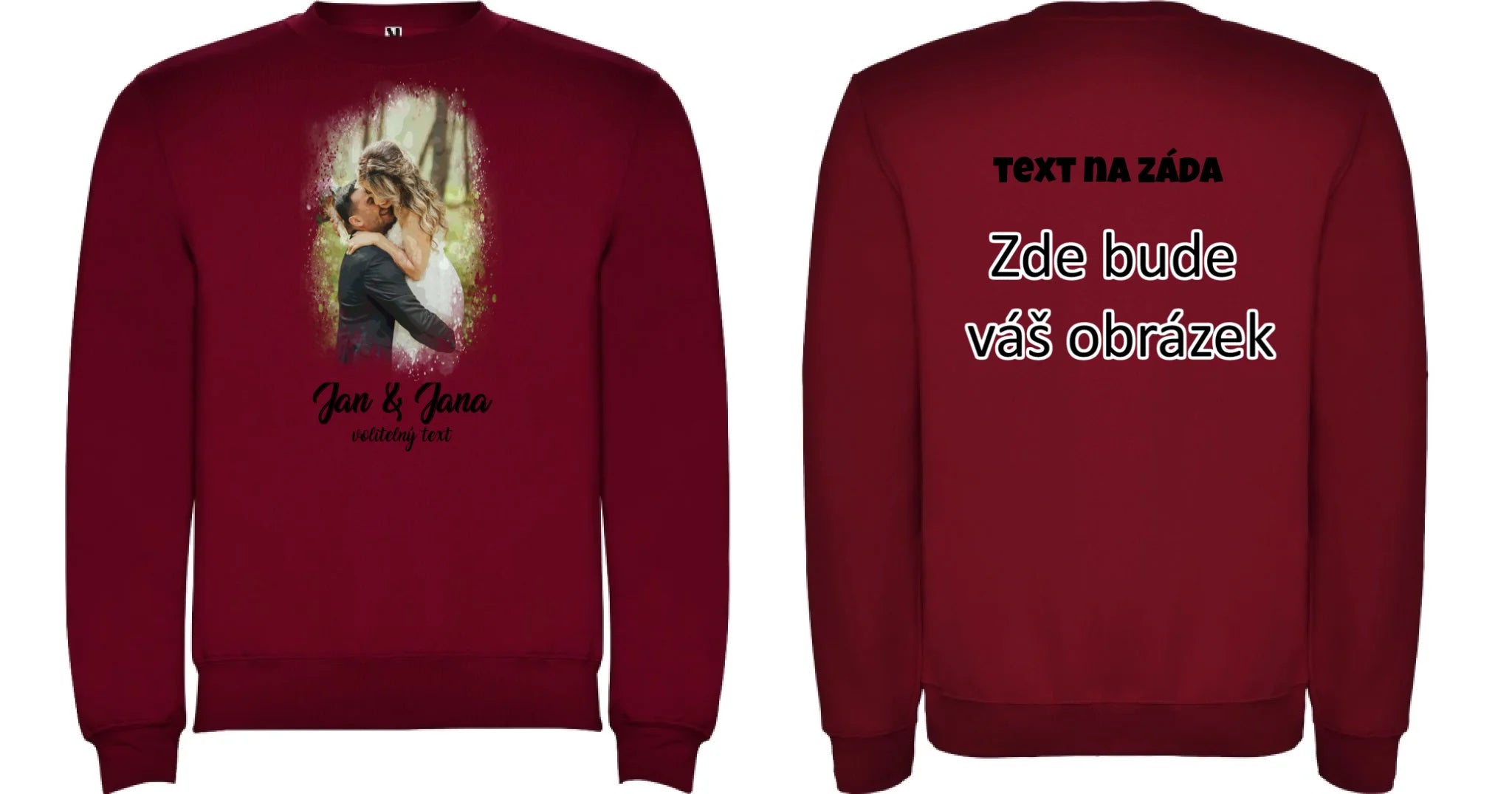 SVATEBNÍ FOTO - VLOŽTE FOTO A DOPLŇTE TEXTY unisex mikina bez kapuce oboustranný potisk unisex mikina clasica Granátová