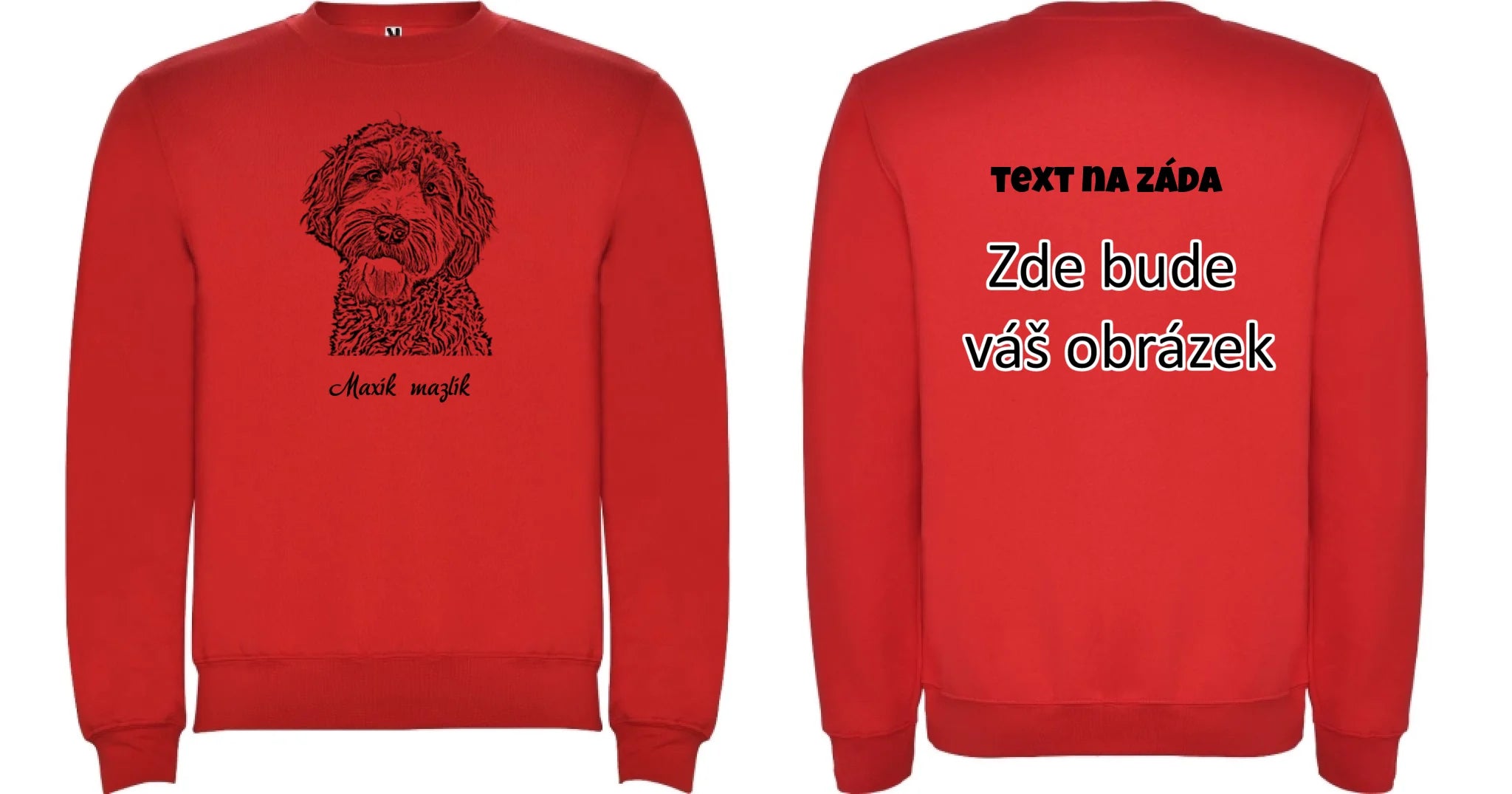 SKICA Z FOTKY - VLOŽTE FOTO A DOPLŇTE JMÉNO unisex mikina bez kapuce oboustranný potisk unisex mikina clasica Červená