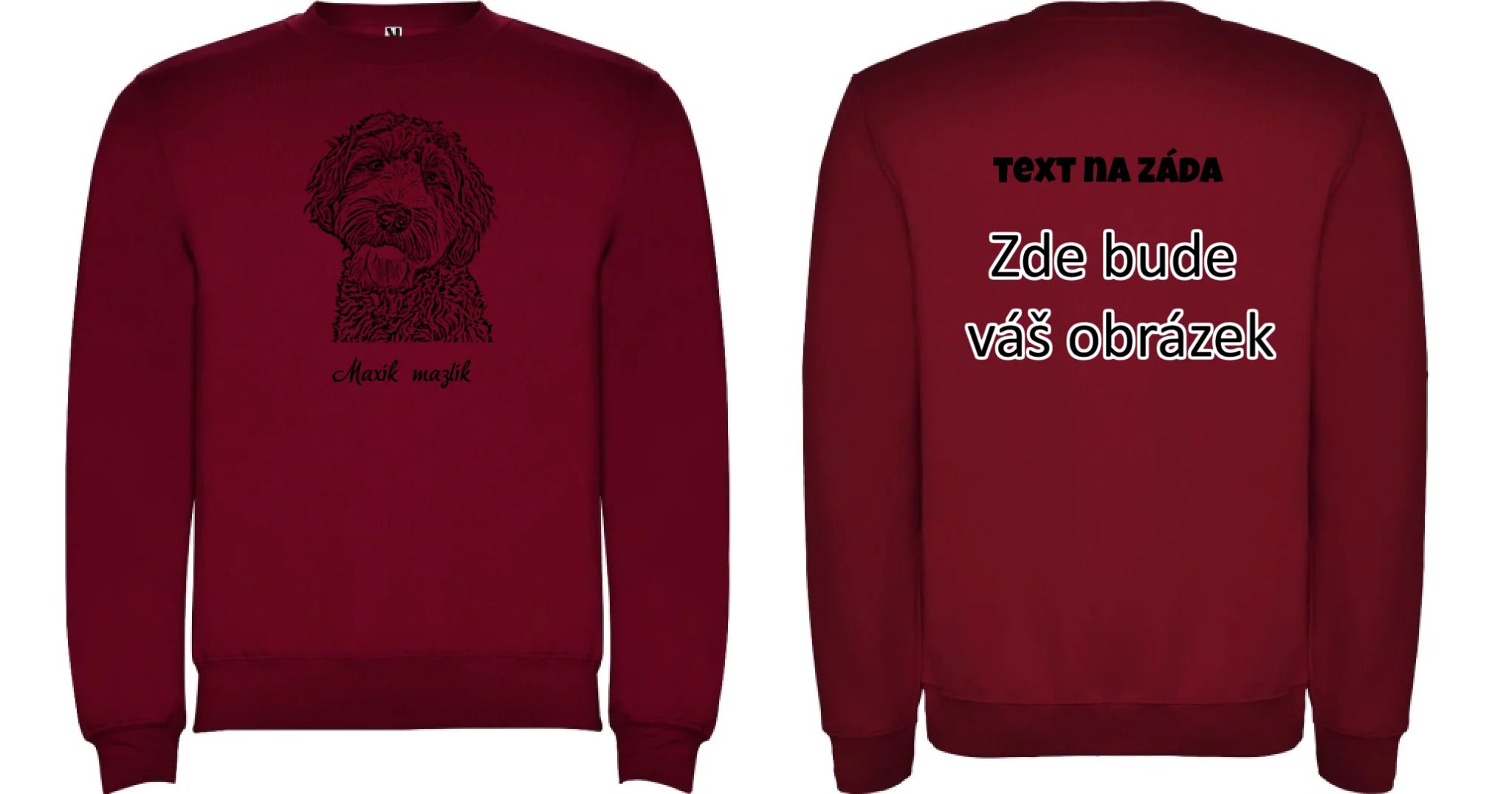 SKICA Z FOTKY - VLOŽTE FOTO A DOPLŇTE JMÉNO unisex mikina bez kapuce oboustranný potisk unisex mikina clasica Granátová