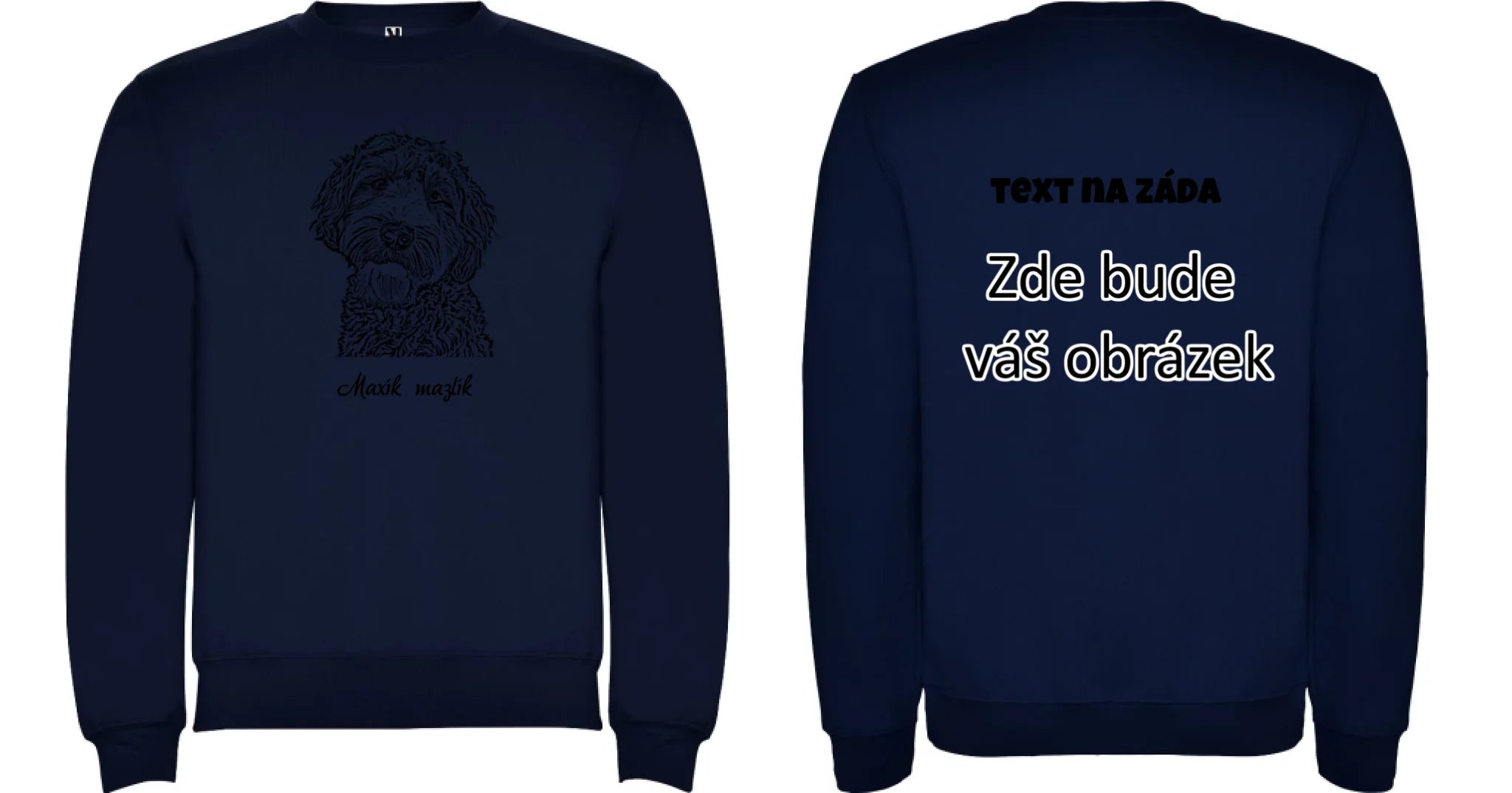 SKICA Z FOTKY - VLOŽTE FOTO A DOPLŇTE JMÉNO unisex mikina bez kapuce oboustranný potisk unisex mikina clasica Námořnická modrá