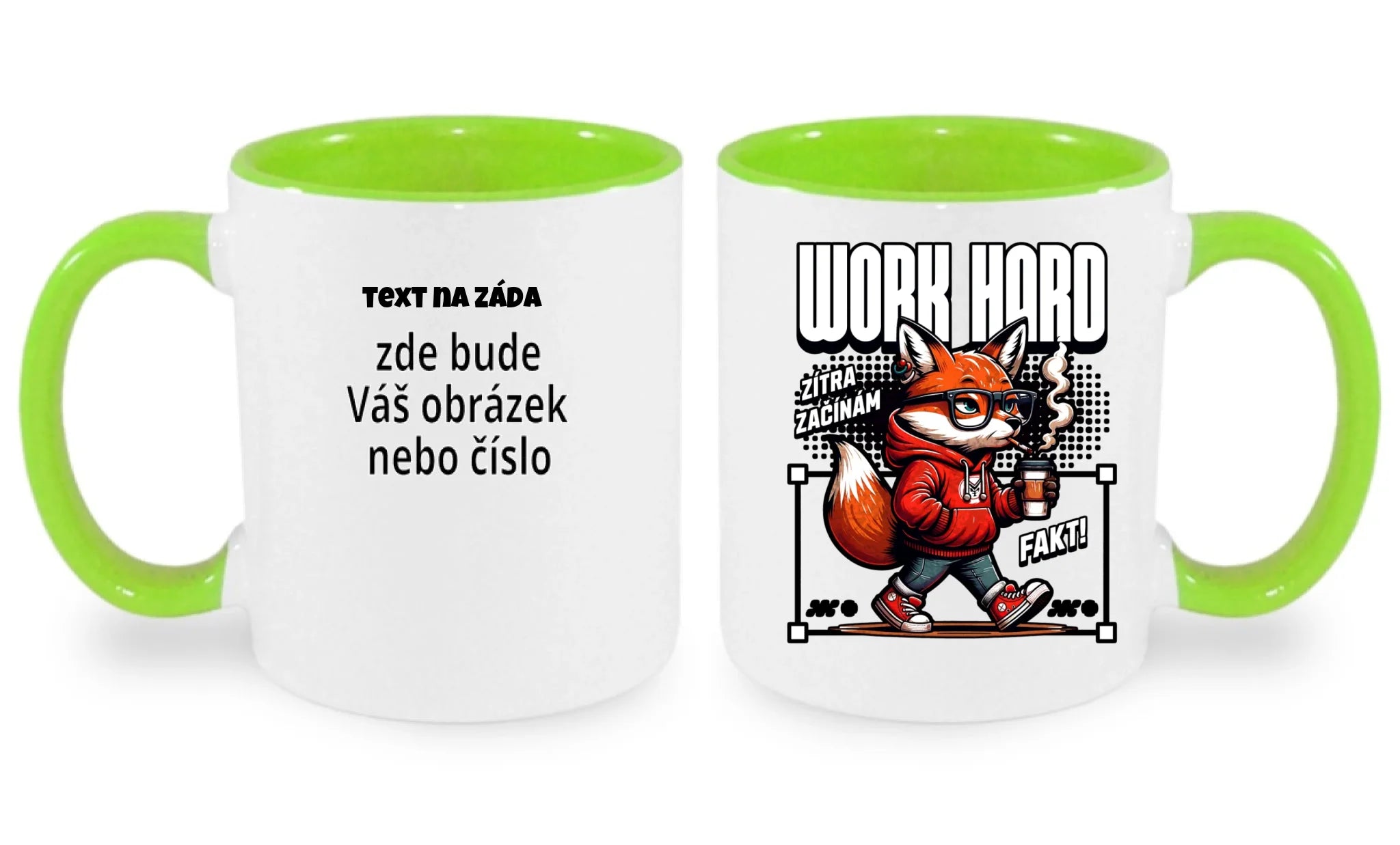 PRÁCE hrníček (15+ motivů) oboustranný potisk hrníček Bílá zelená 330 ml