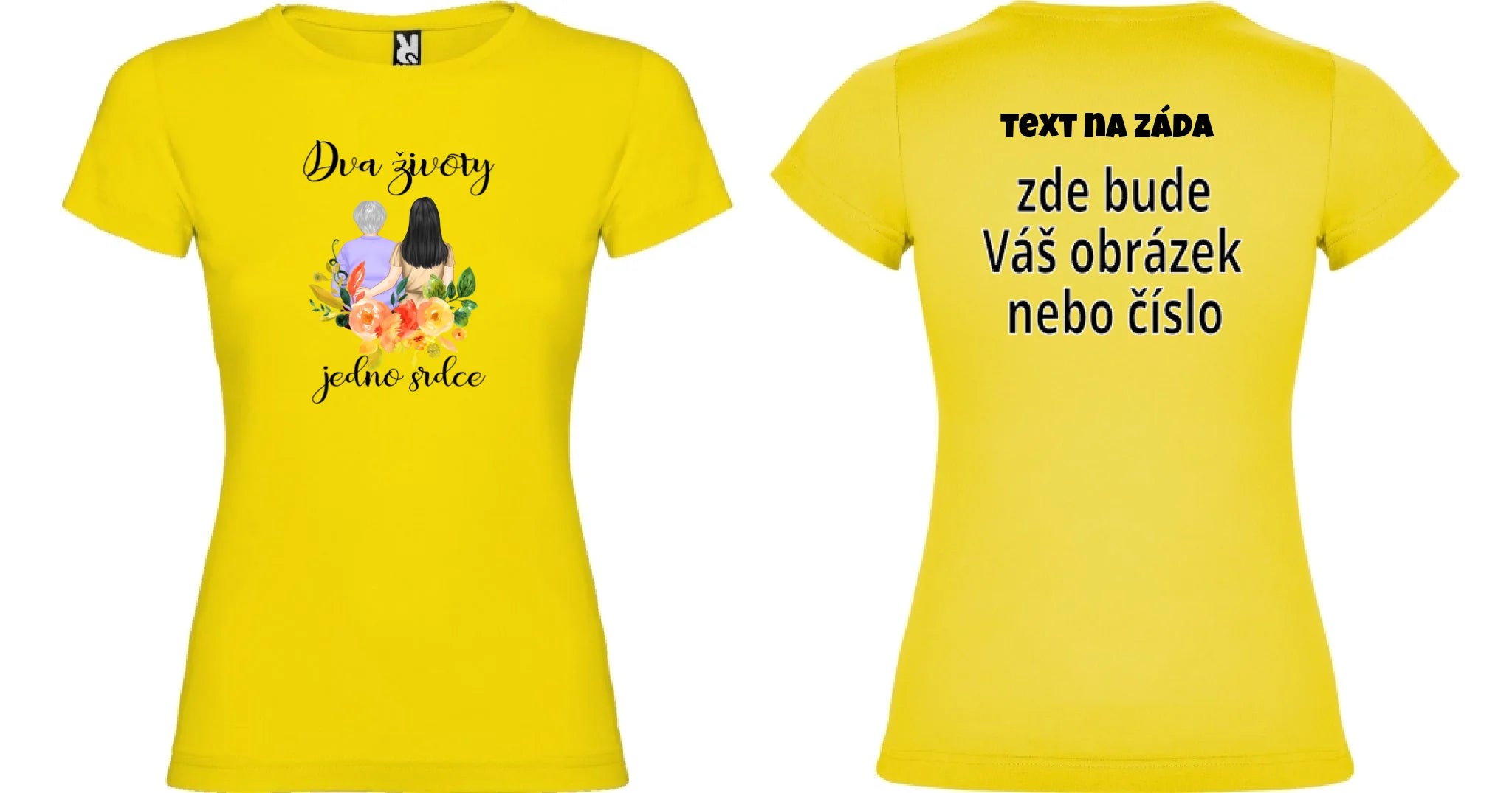 DÁMSKÉ TRIČKO s motivem MÁMA A DCERA (vyberete nebo vložíte text) oboustranný potisk dámské jamaica Žlutá