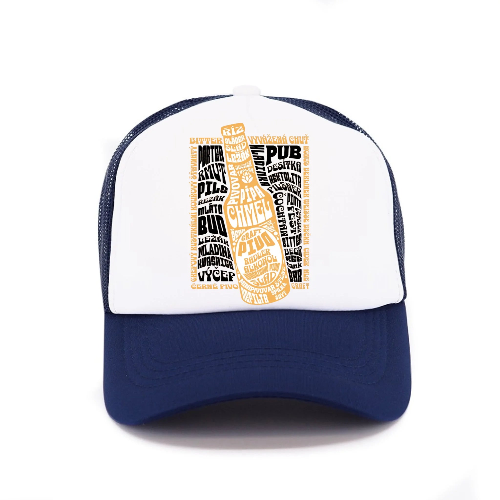 KŚILTOVKA s motivem PIVO (výběr z 10+ motivů) Kšiltovka TRUCKER námořnická modrá 58