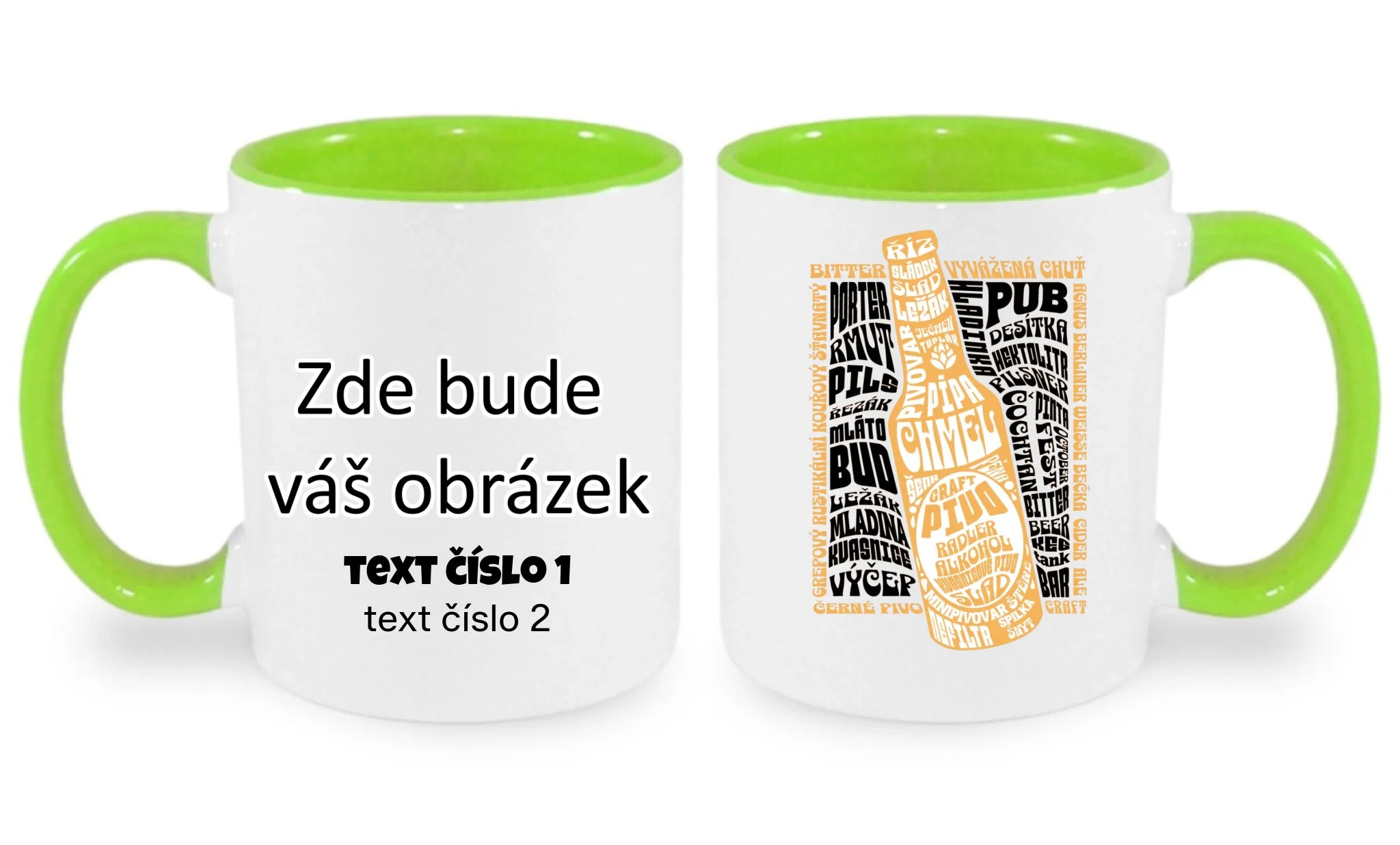 HRNÍČEK s motivem PIVO (výběr z 10+ motivů) oboustranný potisk hrníček Bílá zelená 330 ml