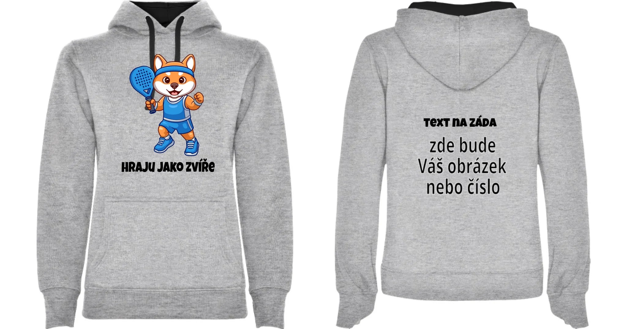 DÁMSKÁ MIKINA S KAPUCÍ s motivem PADEL HRAJU JAKO ZVÍŘE (výběr ze 3 potisků) oboustranný potisk dámská mikina URBAN Melír černá