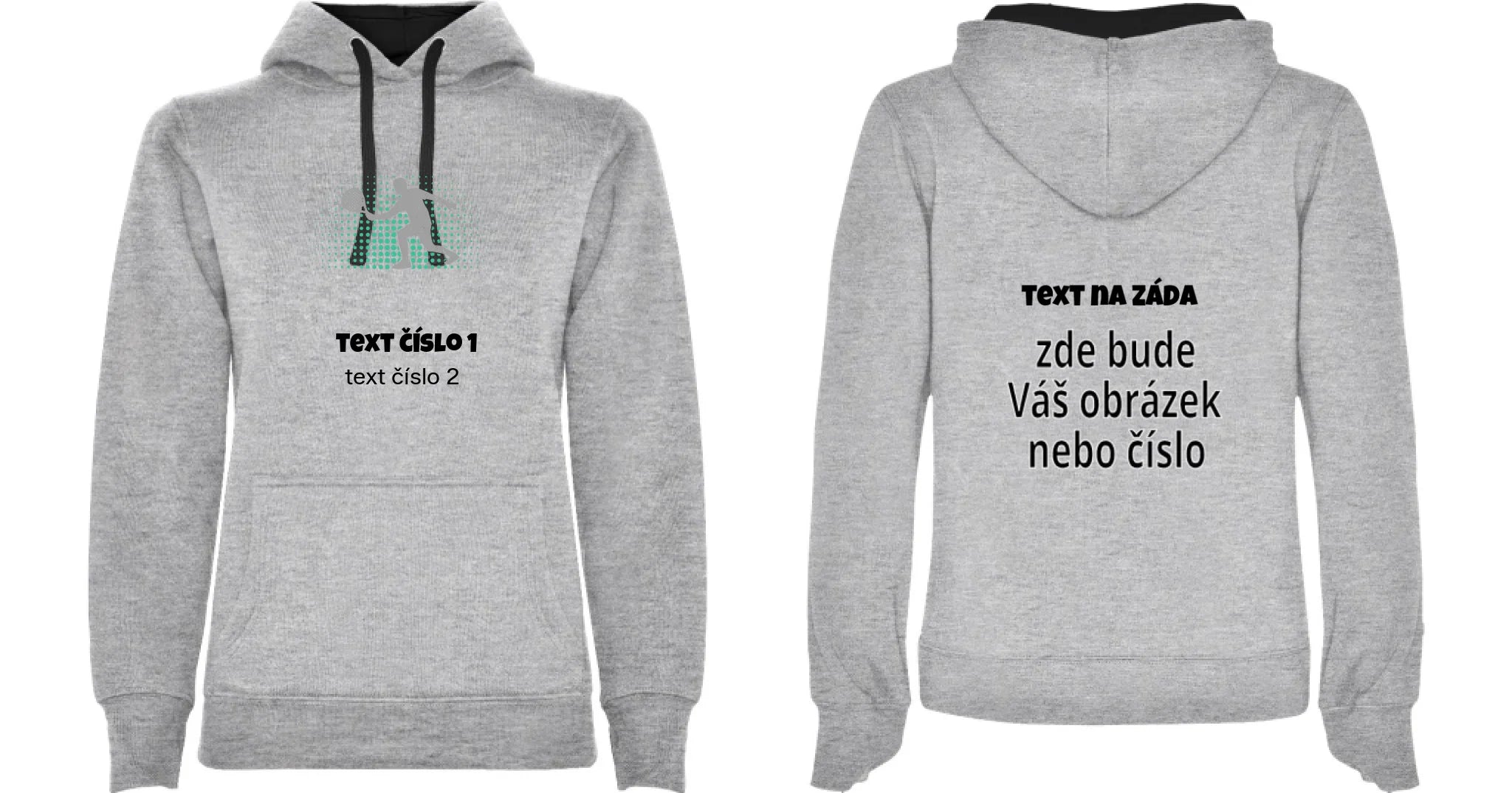 DÁMSKÁ MIKINA S KAPUCÍ s motivem PADEL (výběr z 10+ obrázků, možnost doplnit vlastní texty) oboustranný potisk dámská mikina URBAN Melír černá