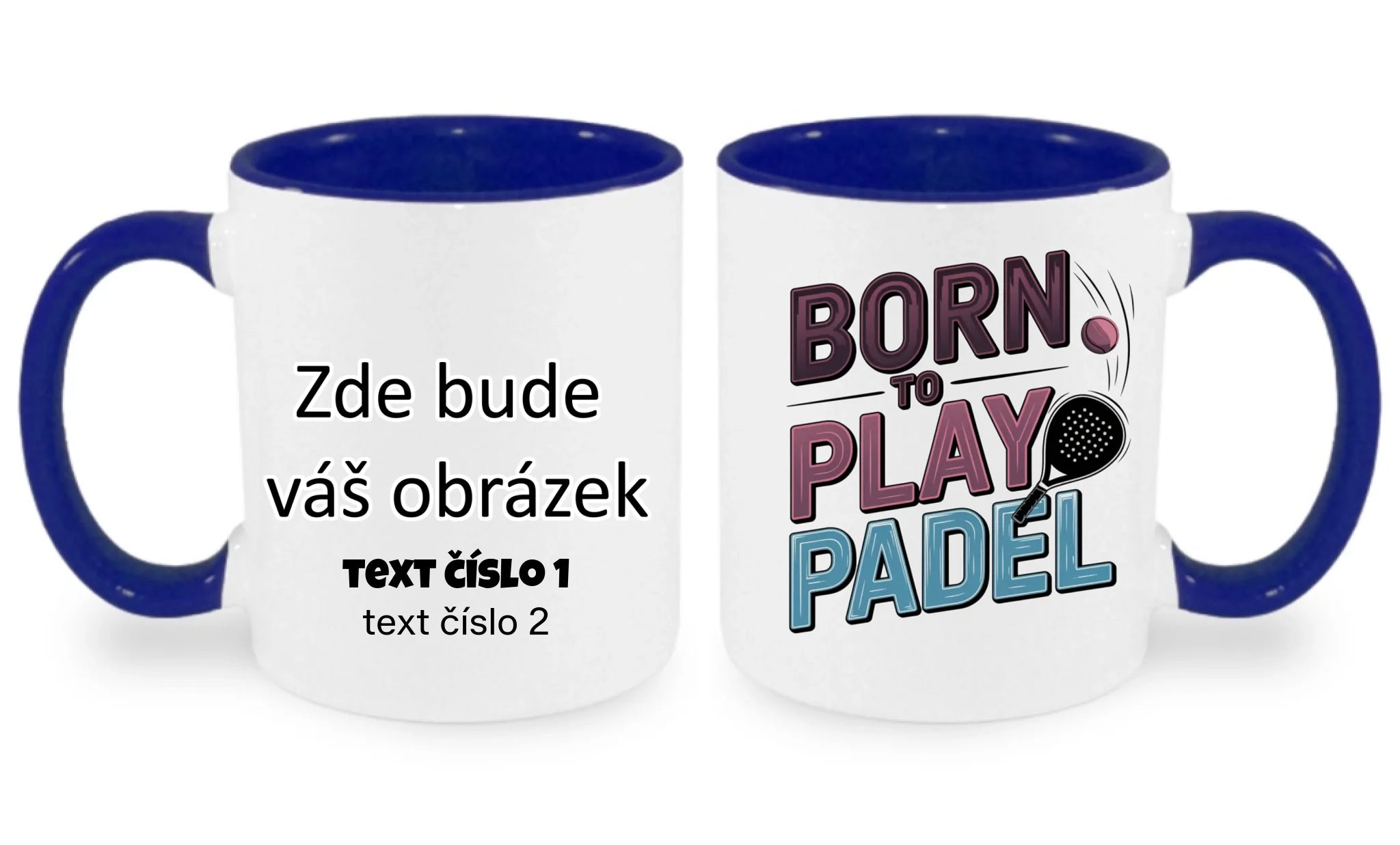 HRNÍČEK s motivem PADEL (výběr z 18+ potisků) oboustranný potisk hrníček Bílá modrá 330 ml