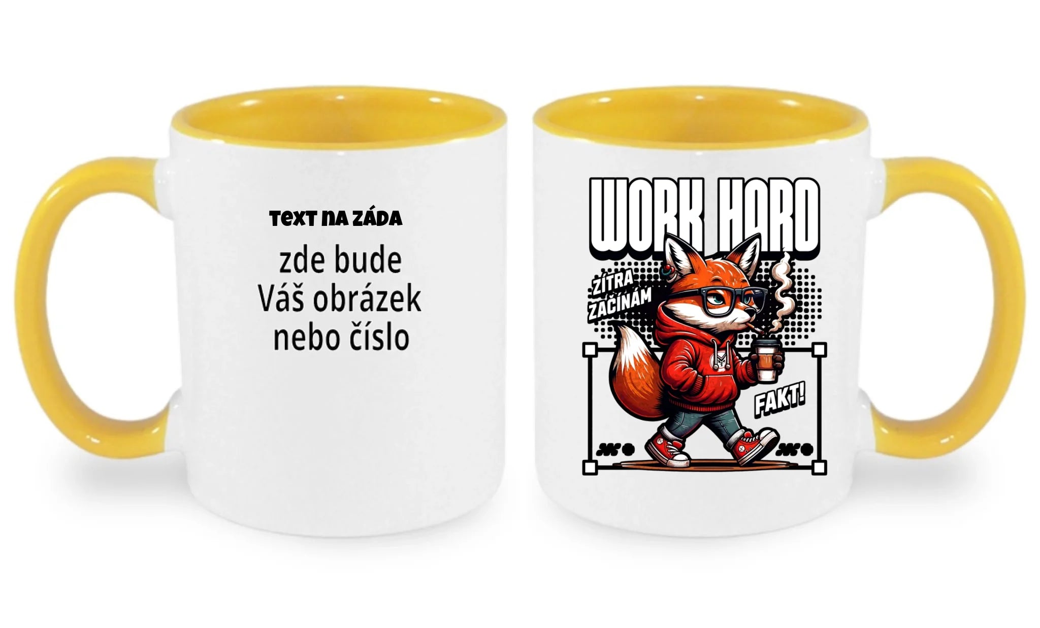 HRNÍČEK s motivem PRÁCE (15+ potisků) oboustranný potisk hrníček Bílá žlutá 330 ml