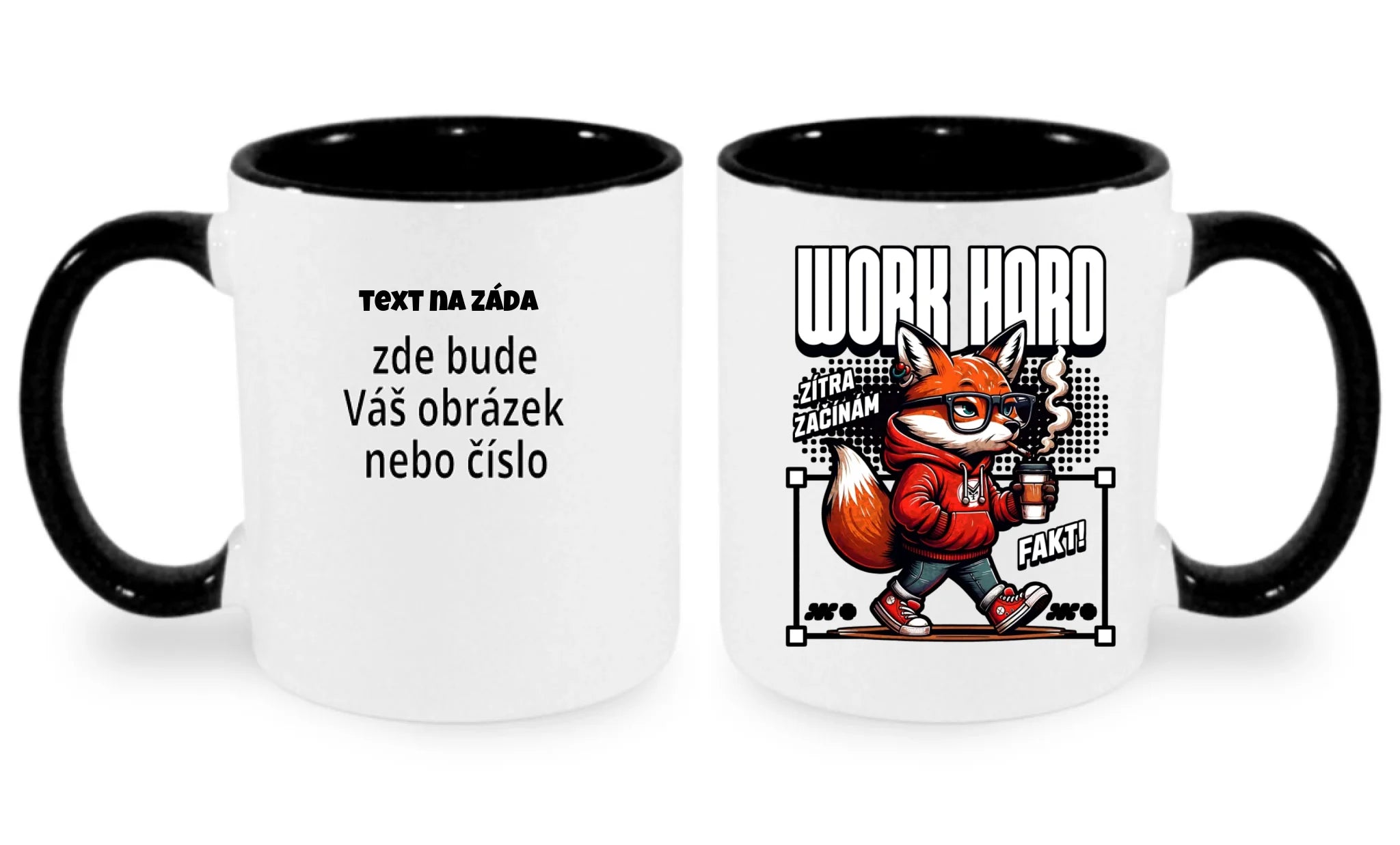 HRNÍČEK s motivem PRÁCE (15+ potisků) oboustranný potisk hrníček Bílá černá 330 ml