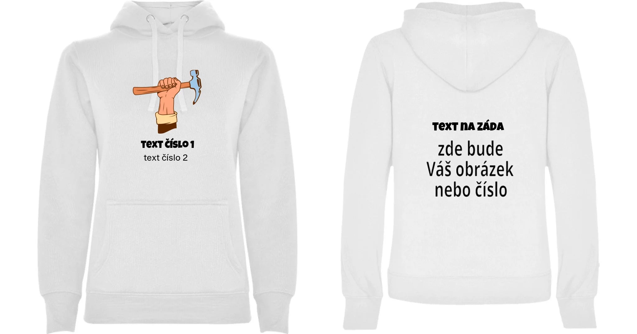 DÁMSKÁ MIKINA S KAPUCÍ s motivem PRÁCE (výběr z 10+ potisků a možnost doplnit vlastní texty) oboustranný potisk dámská mikina URBAN Bílá