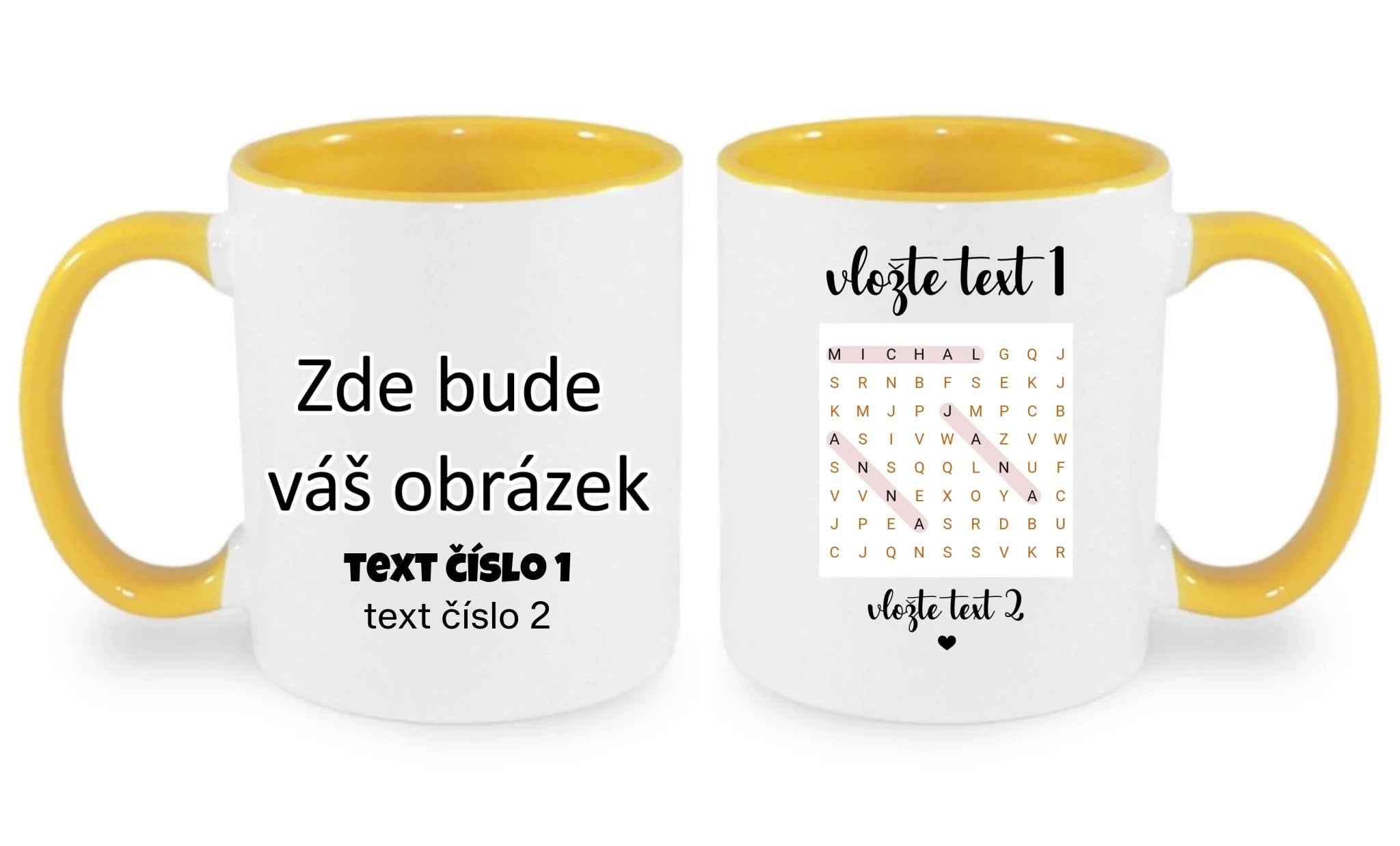 HRNÍČEK s motivem OSMISMĚRKA (vložíte jména a další texty) oboustranný potisk hrníček Bílá žlutá 330 ml