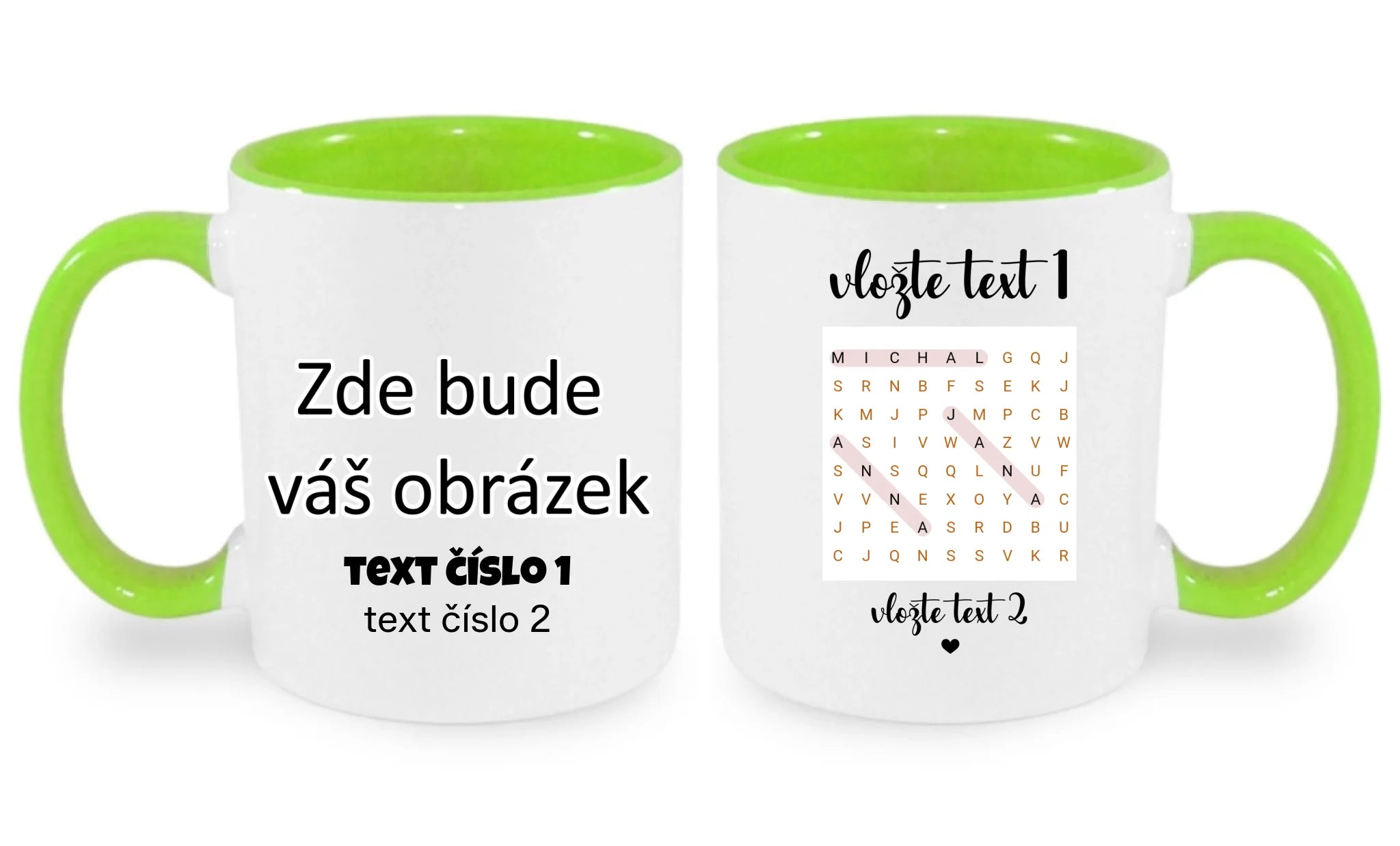 HRNÍČEK s motivem OSMISMĚRKA (vložíte jména a další texty) oboustranný potisk hrníček Bílá zelená 330 ml