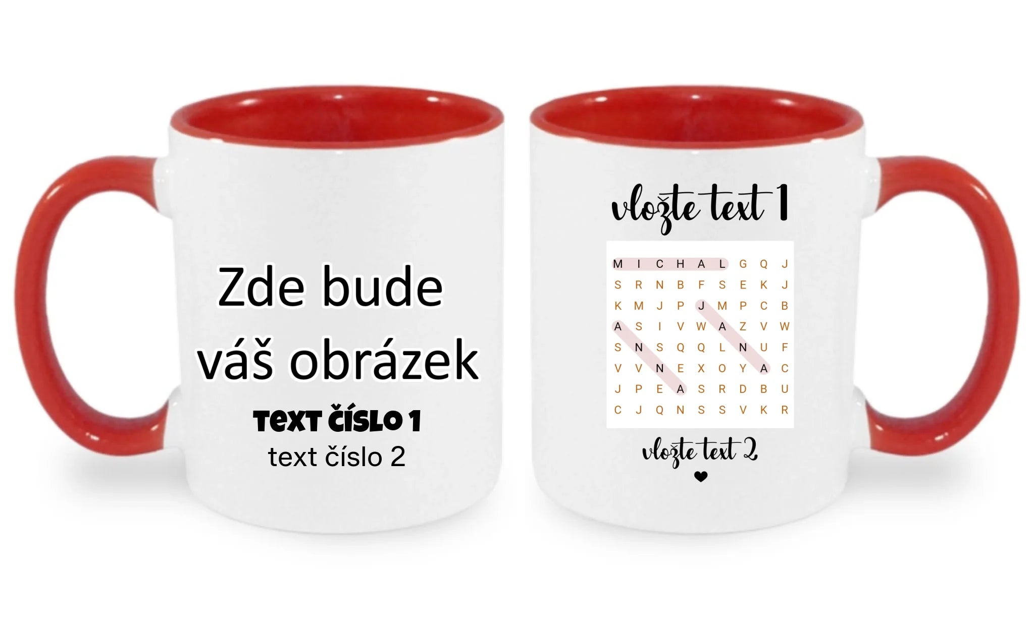 HRNÍČEK s motivem OSMISMĚRKA (vložíte jména a další texty) oboustranný potisk hrníček Bílá červená 330 ml
