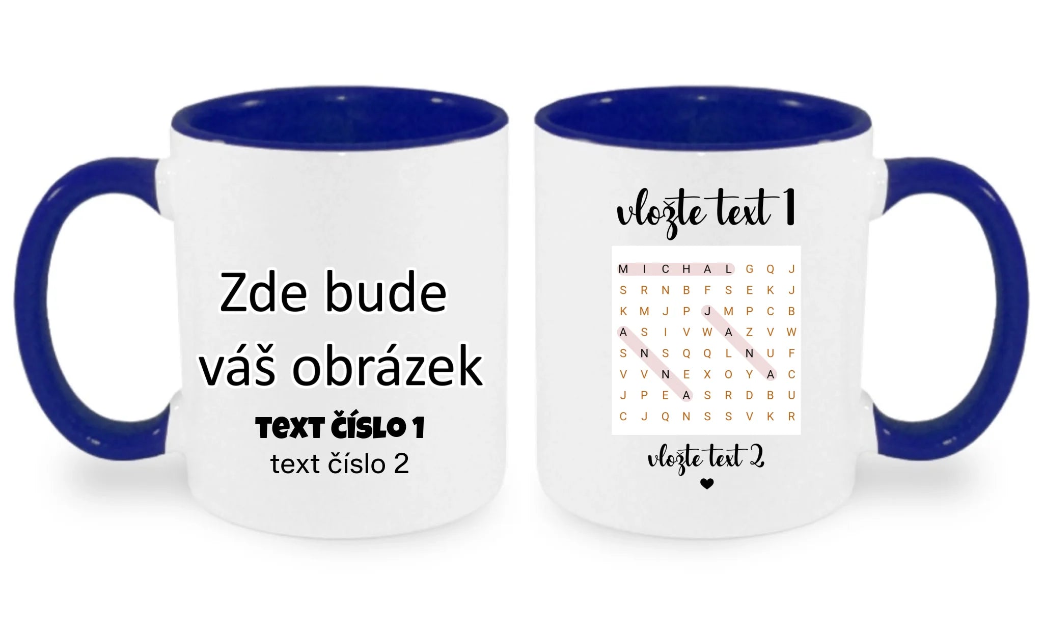 HRNÍČEK s motivem OSMISMĚRKA (vložíte jména a další texty) oboustranný potisk hrníček Bílá modrá 330 ml