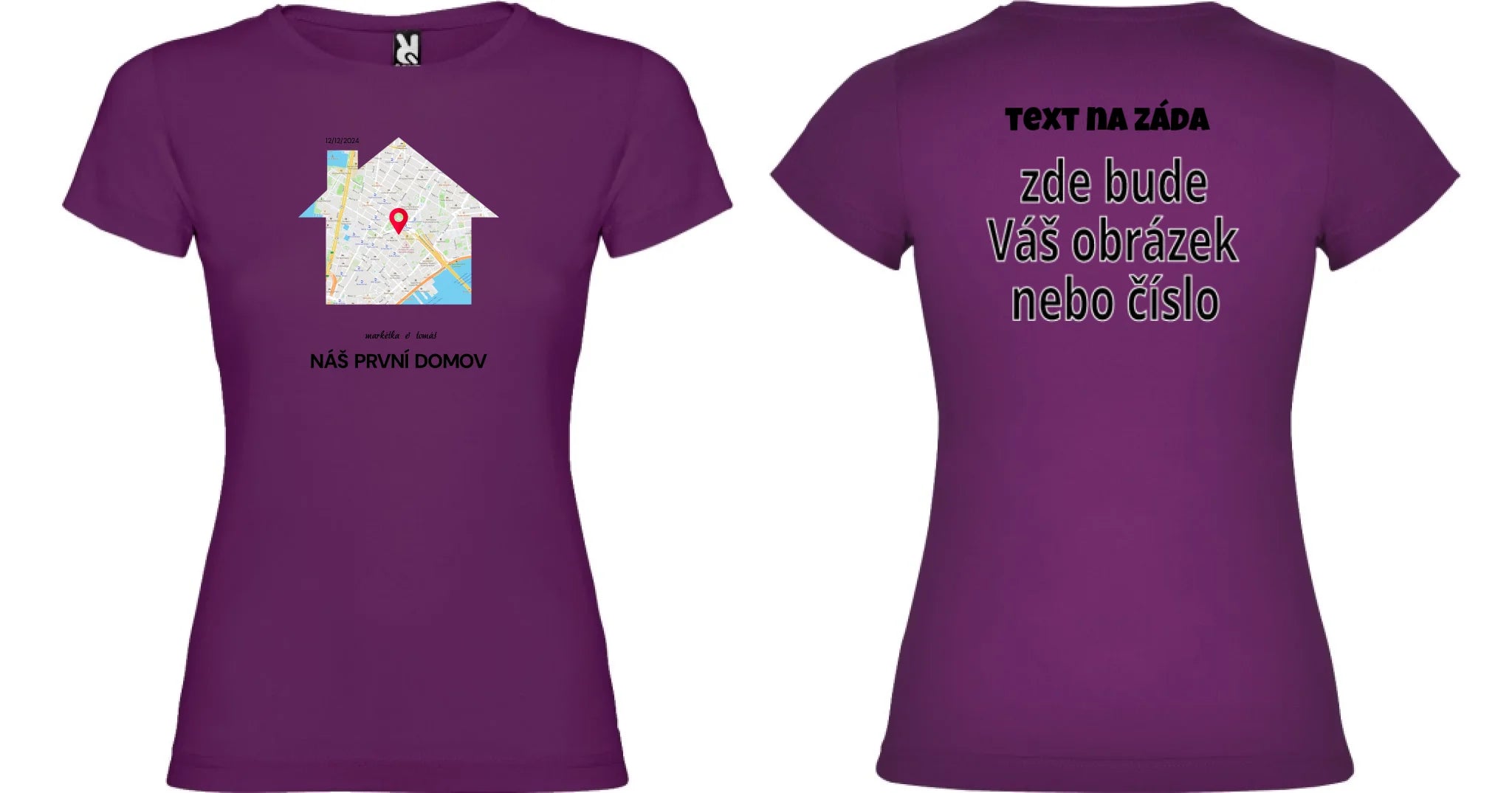 DÁMSKÉ TRIČKO s motivem RODINA TADY TO ZAČALO (vyberete tvar mapy, místo, doplníte texty) oboustranný potisk dámské jamaica Purpurová